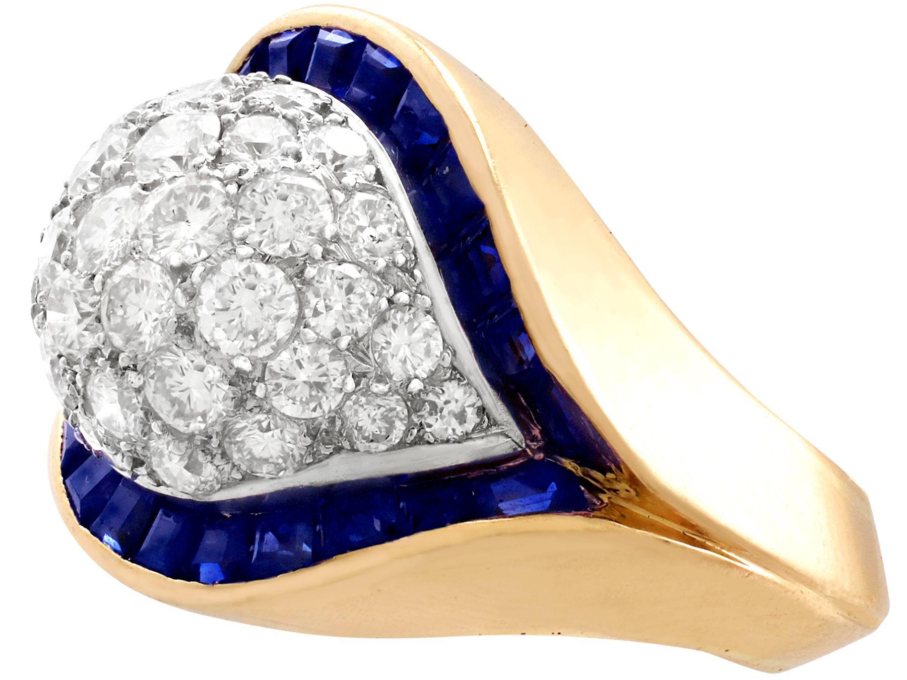 Round Cut 1960s French Art Deco Style Sapphire 1.72 Carat Diamond Gold Cocktail Ring For Sale