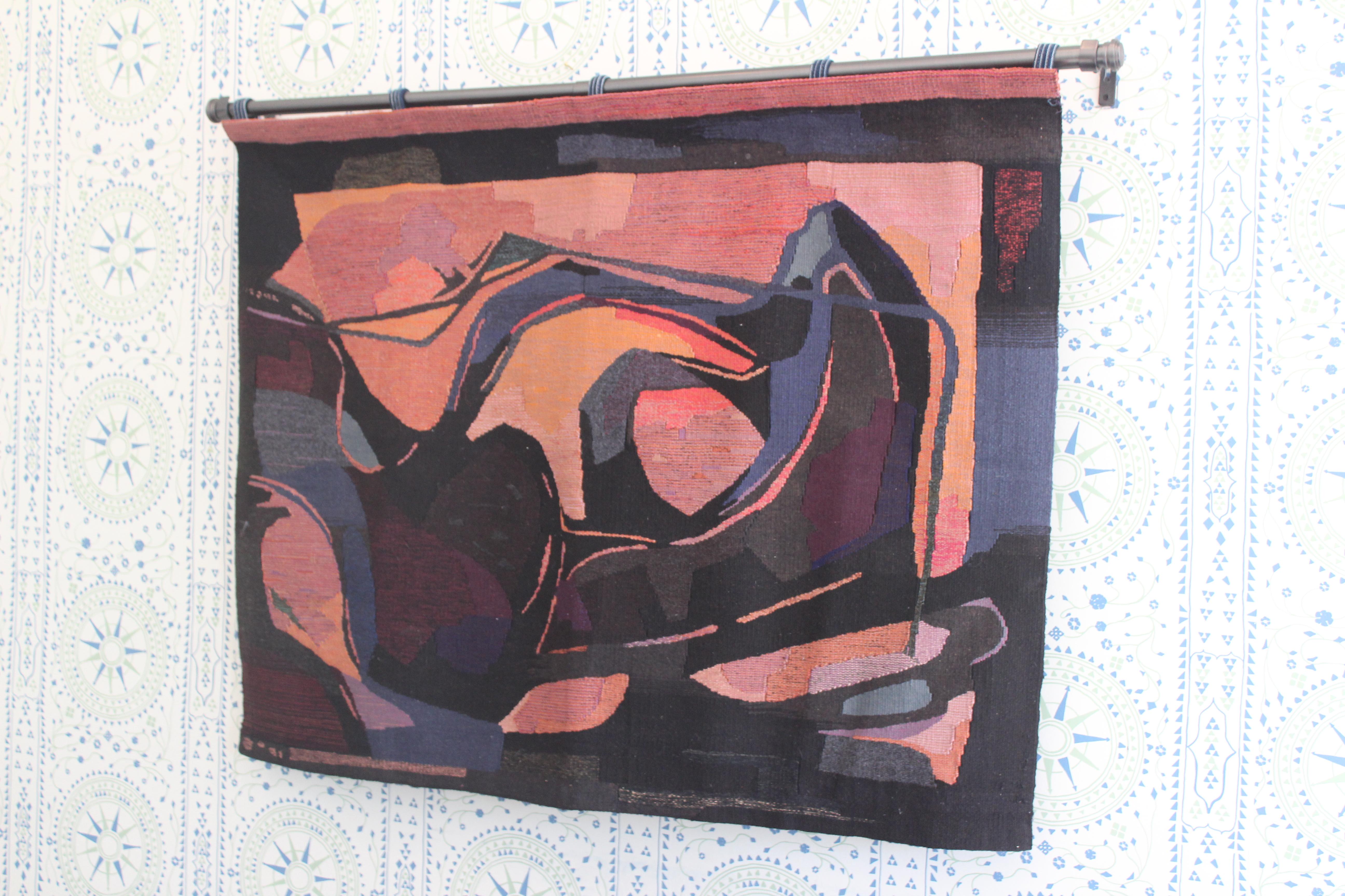 Hand-Woven 1960s French Aubusson Modernist Hanging Tapestry