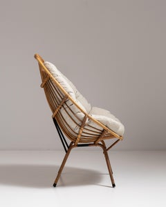 1960s French Bamboo and Rattan Bowl Chair with Cream Tufted Cushion