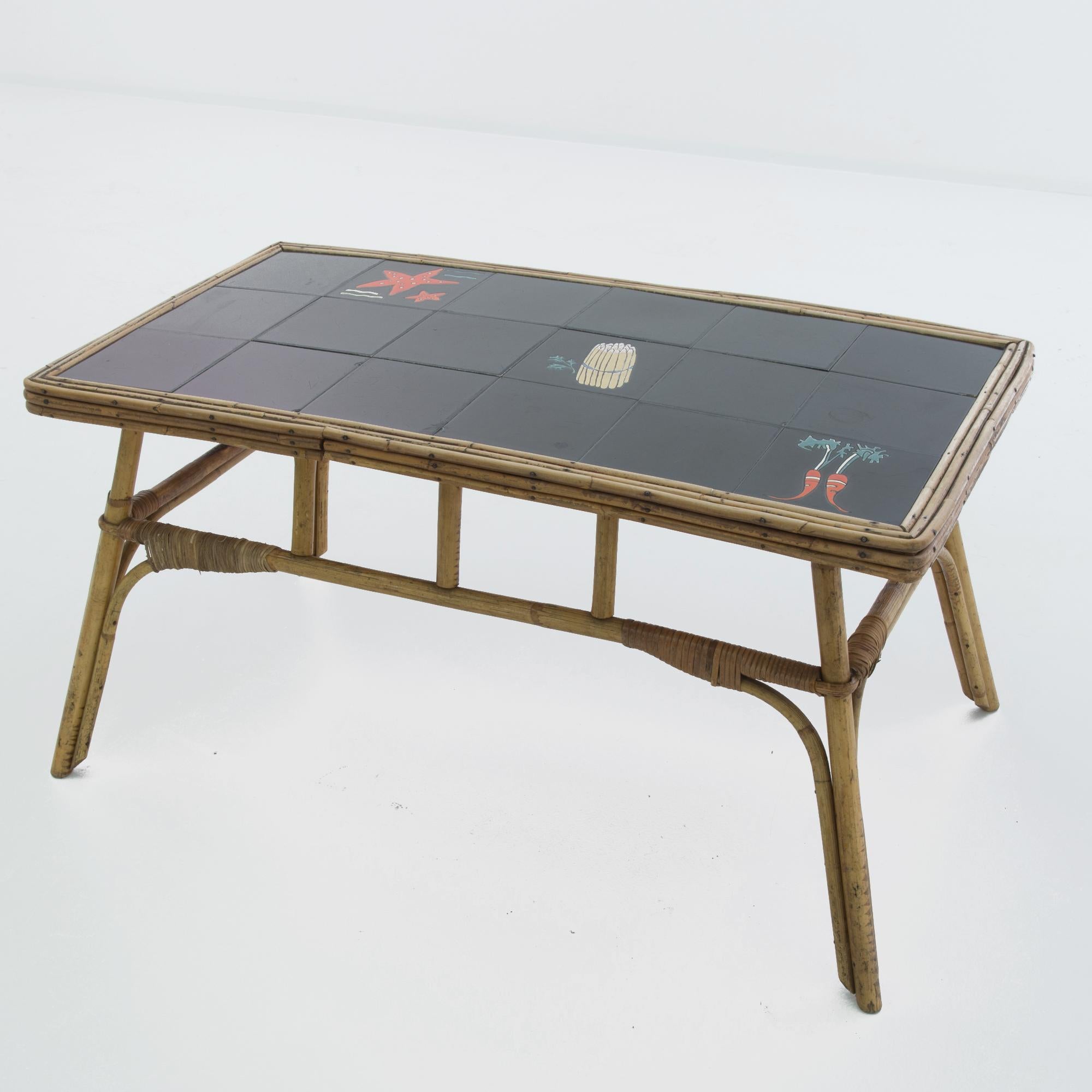 Mid-20th Century 1960s French Bamboo Coffee Table with Ceramic Top