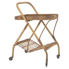 Retro 1960s French Bamboo & Glass Bar Cart On Wheels