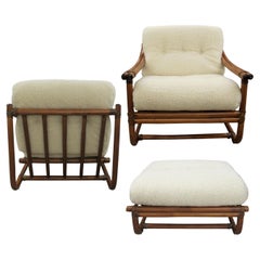 1960s French Bamboo Living Room 3 Piece Set 2 x Armchairs 1 x Stool Upholstered