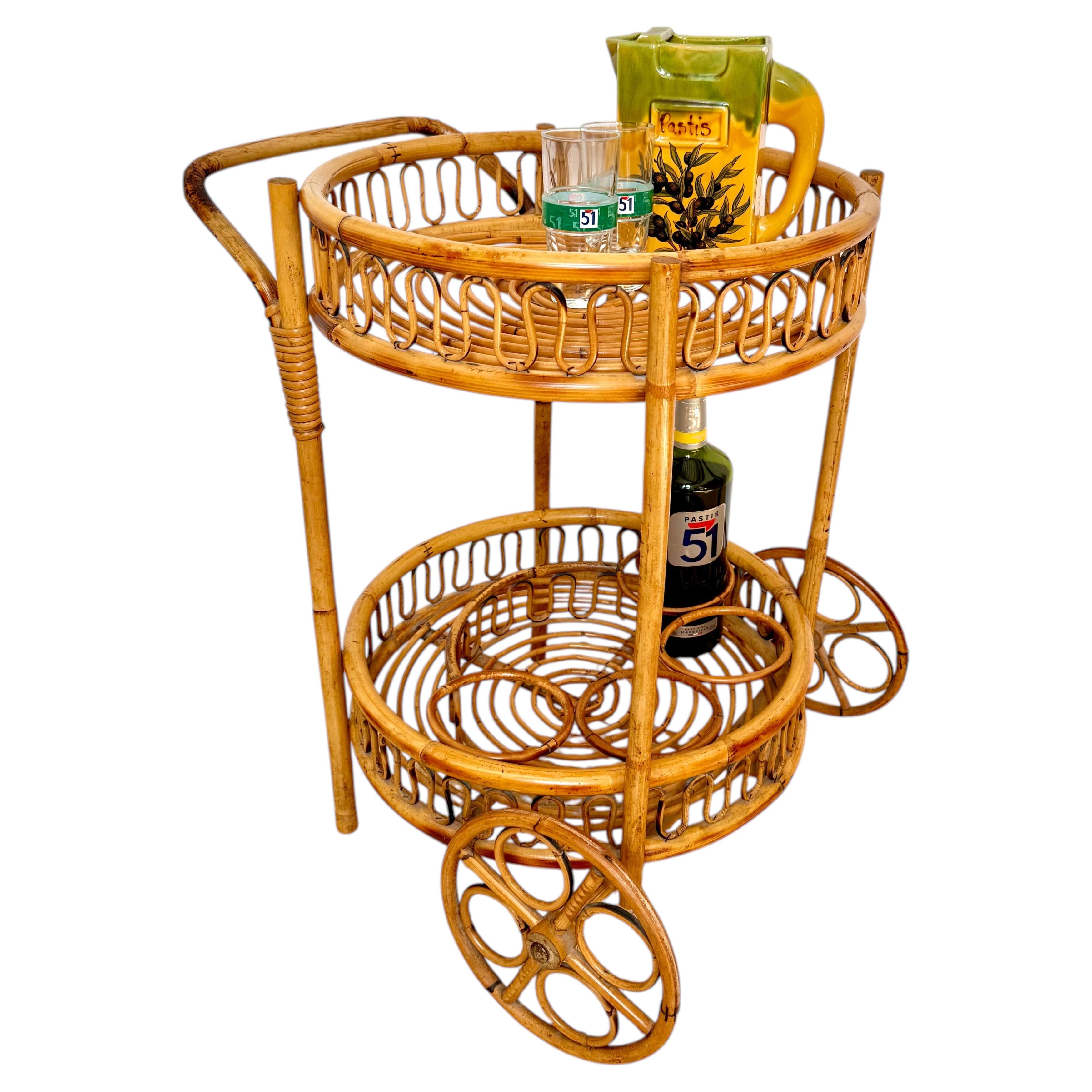 1960s French Bamboo & Rattan Drinks Trolley