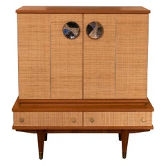 1960
s French Bar Cabinet Walnut and Rattan, Gio Ponti Style Decorative Handles
