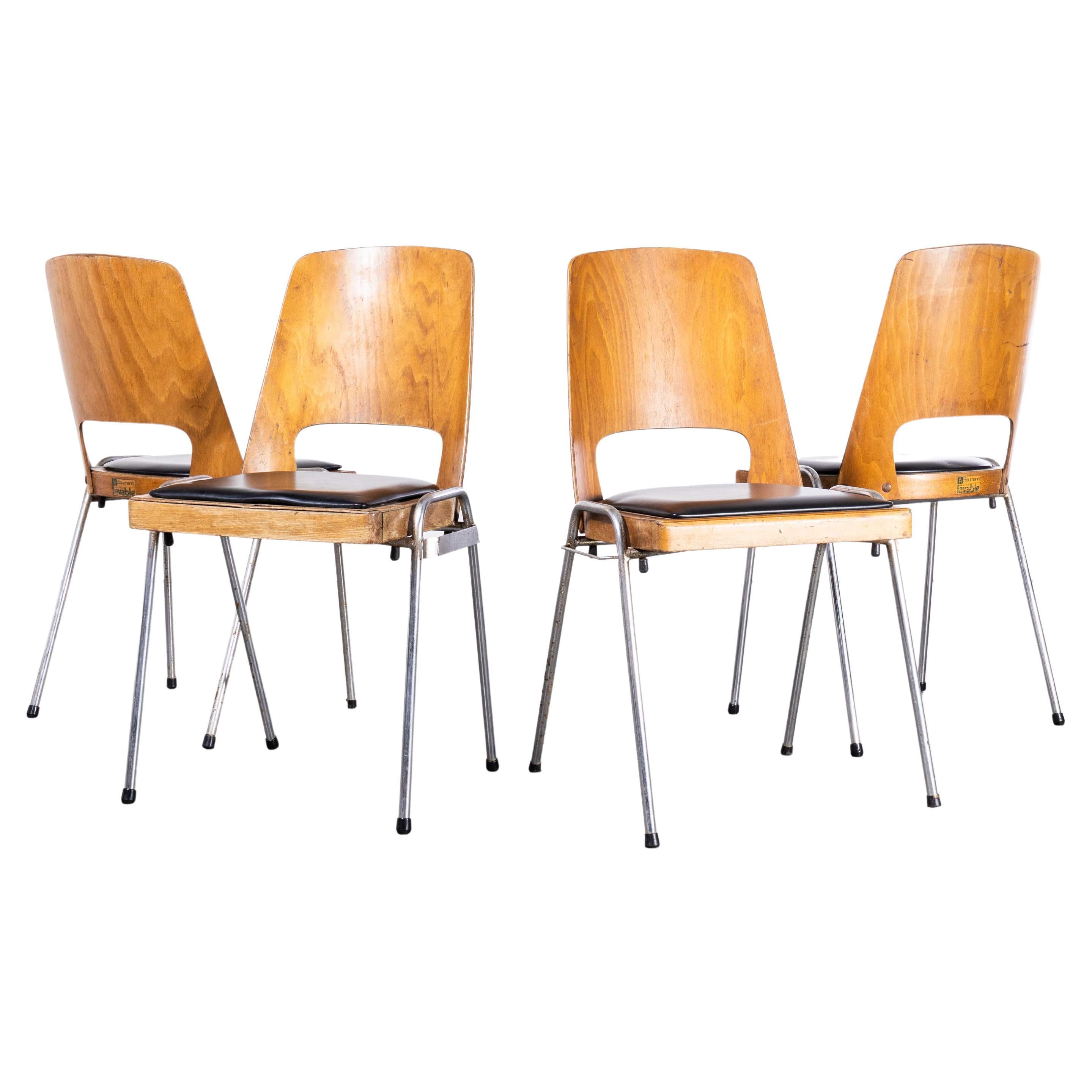 1960s French Baumann Chrome Leg Bentwood Dining Chairs, Set of Four