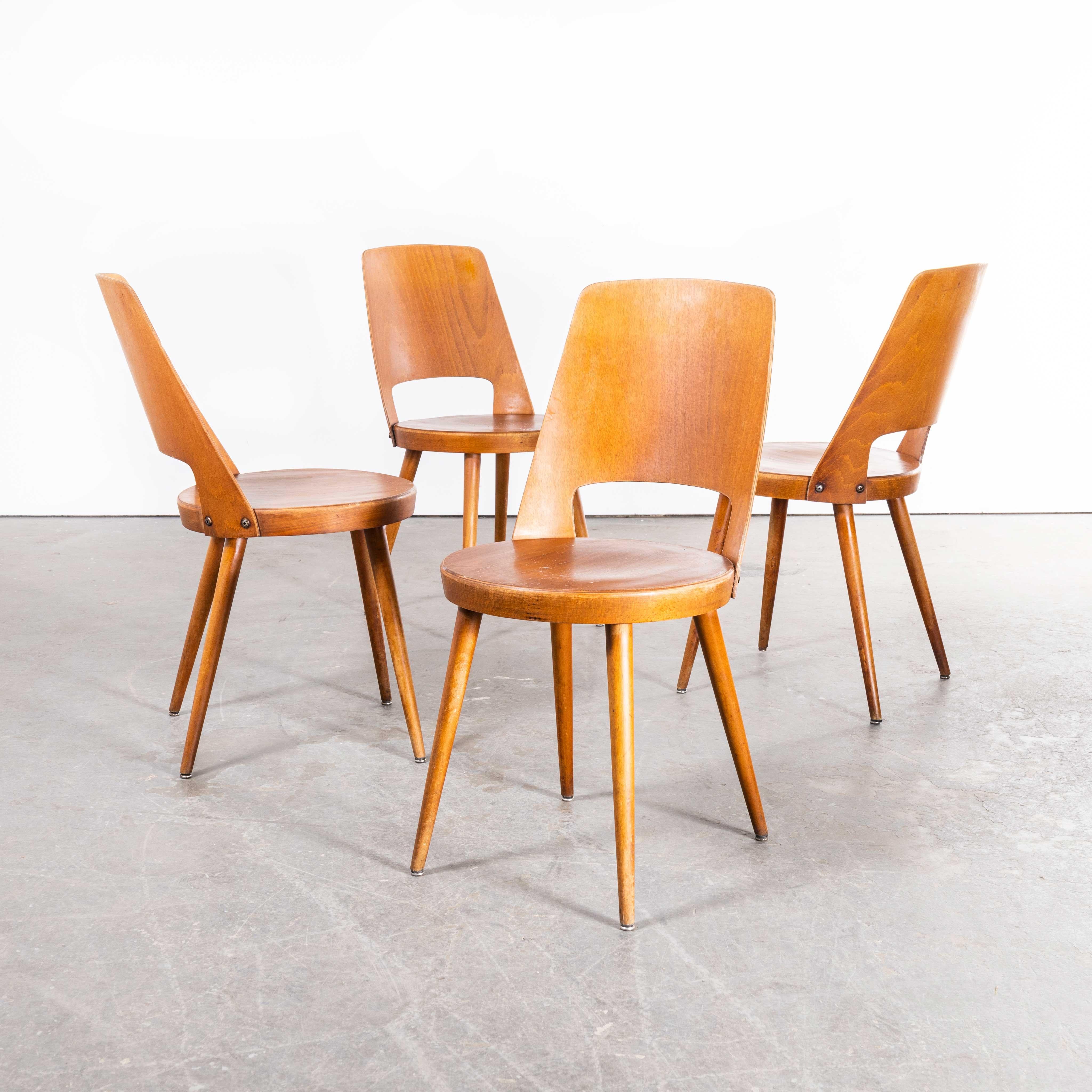 1960s French Baumann Honey Beech Bentwood Mondor Dining Chair, Set of Four In Good Condition For Sale In Hook, Hampshire