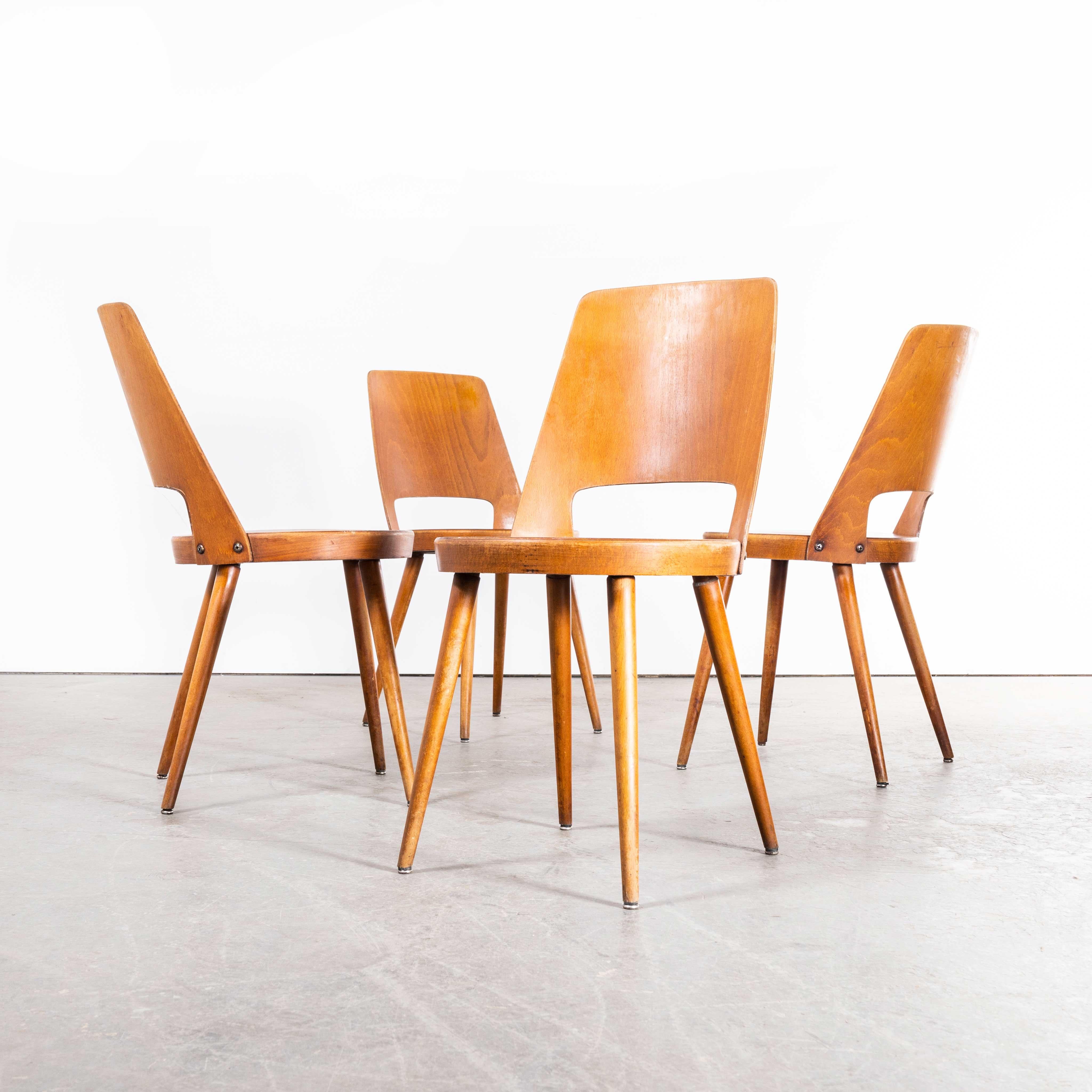 1960s French Baumann Honey Beech Bentwood Mondor Dining Chair, Set of Four For Sale 4