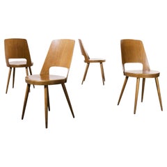 1960's French Baumann Light Beech Bentwood Mondor Dining Chair, Set of Four