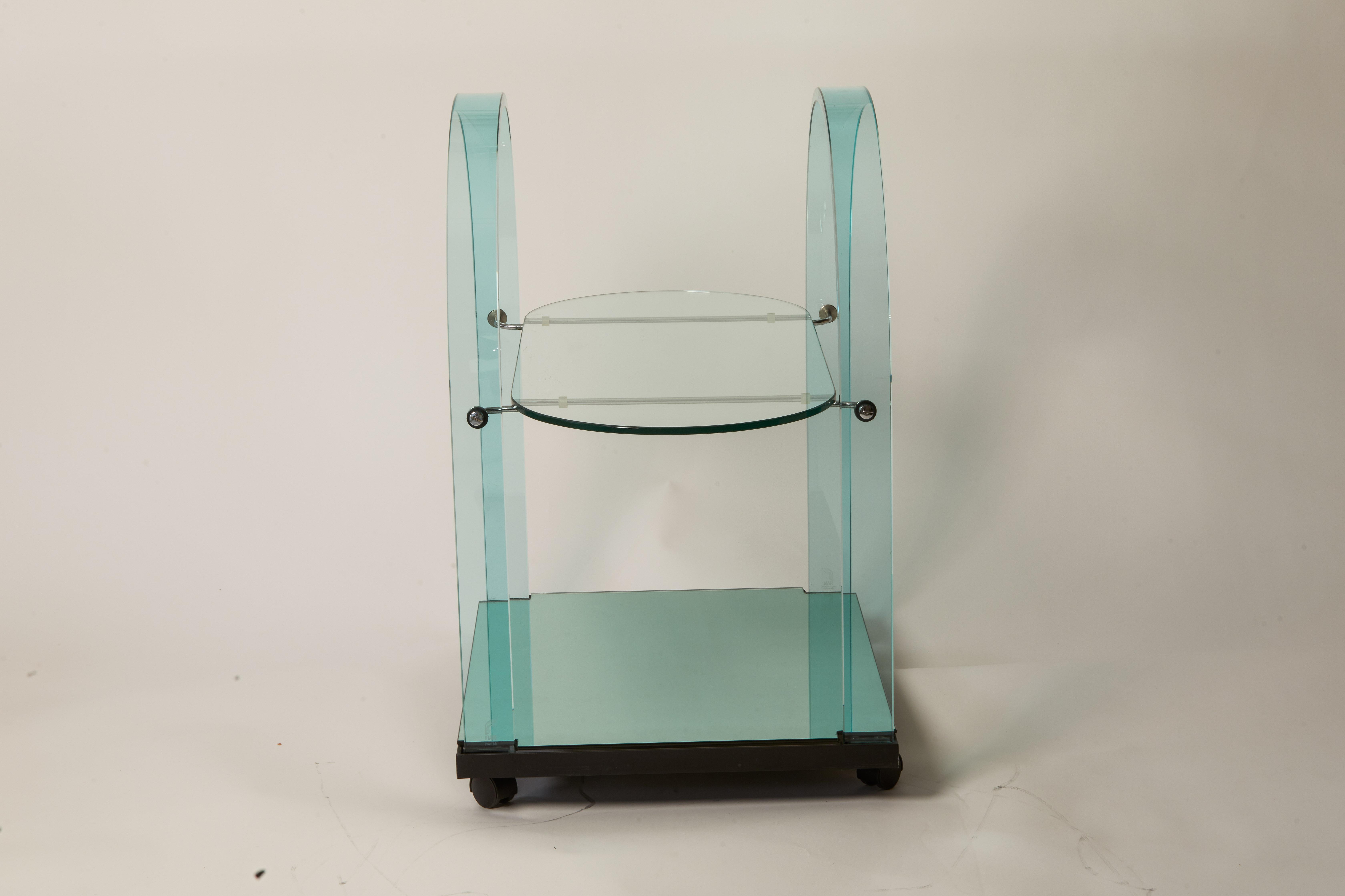 European 1980s Italian Bent Glass and Mirror Bar Cart For Sale