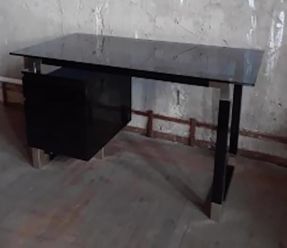 1960s French Black Lacquered and Blue Glass Desk For Sale 1