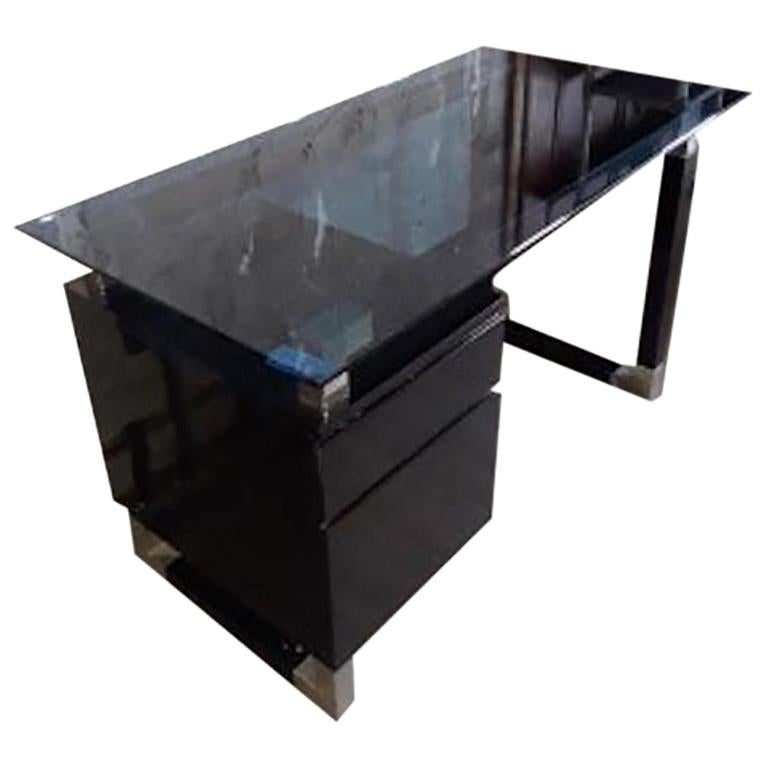 1960s French Black Lacquered and Blue Glass Desk For Sale