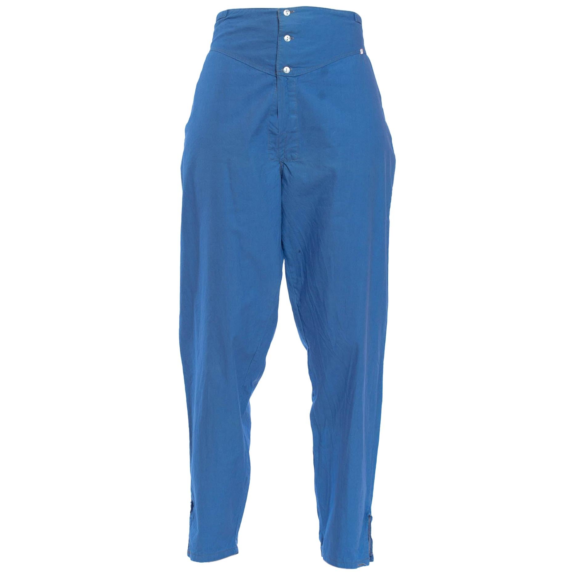 1960S French Blue Cotton Pajama Style Lounge Pants For Sale