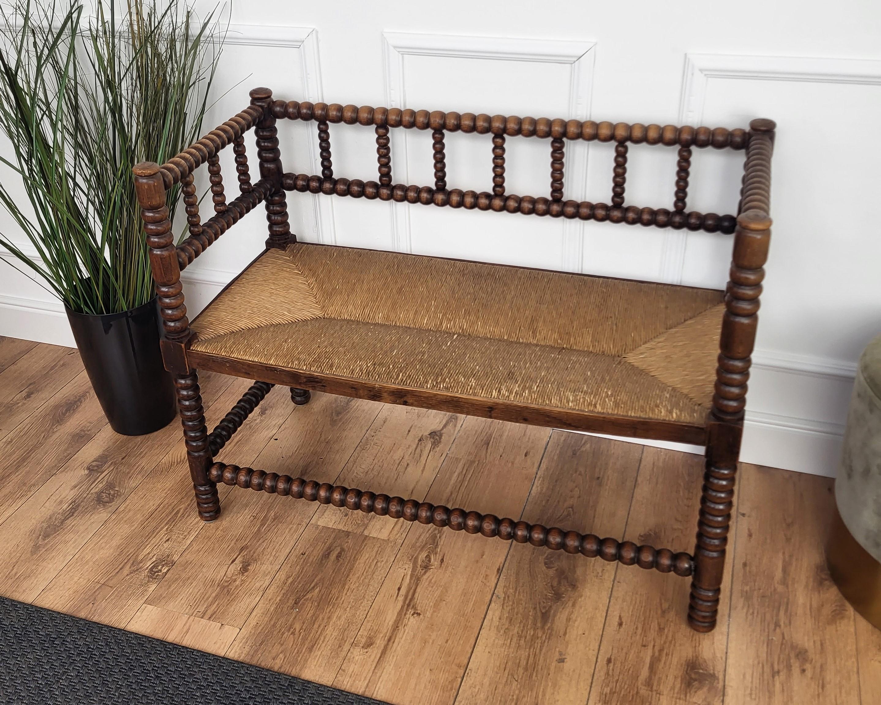 Mid-Century Modern 1960s French Bobbin Turned Stick and Ball Wood Rush Bench