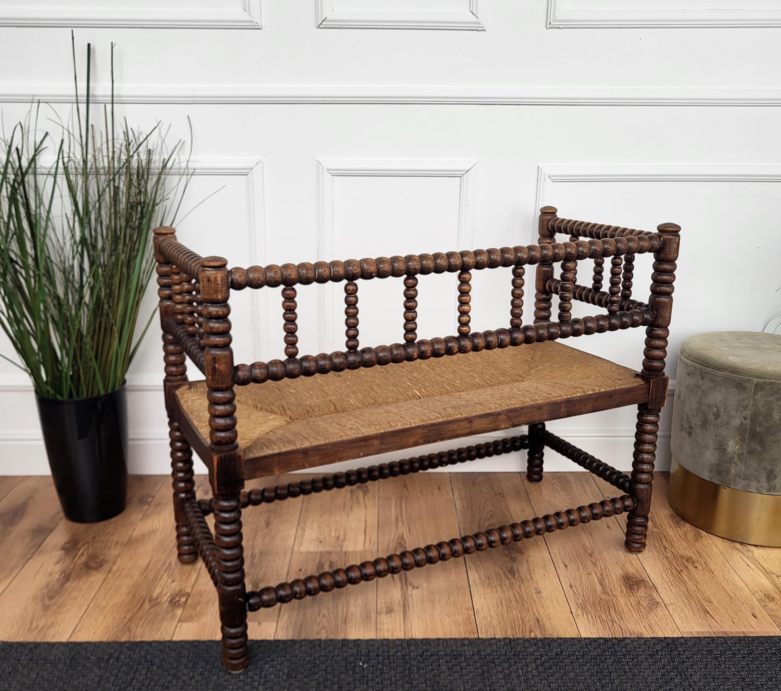 1960s French Bobbin Turned Stick and Ball Wood Rush Bench 2