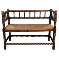 1960s French Bobbin Turned Stick and Ball Wood Rush Bench