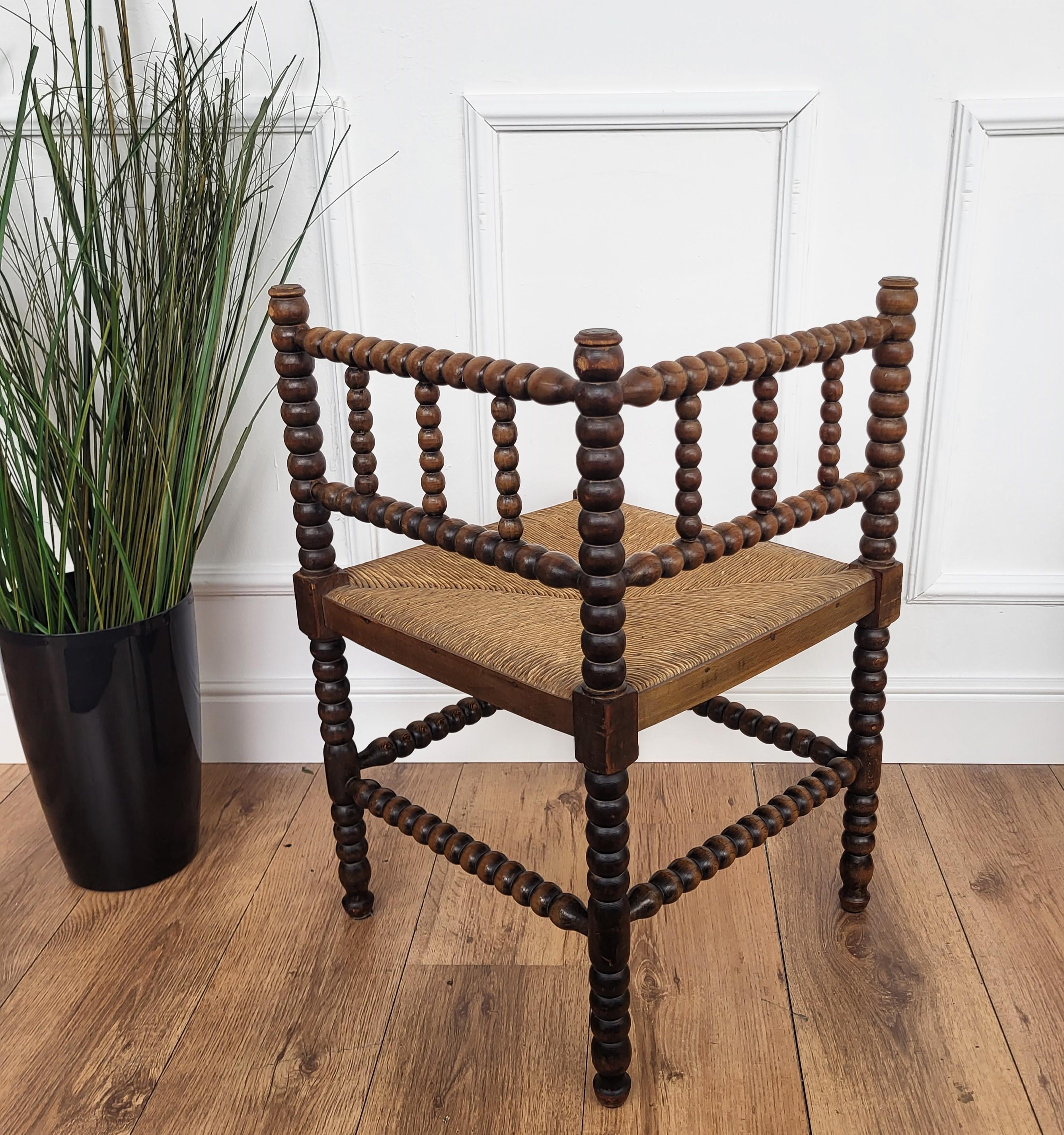 1960s French Bobbin Turned Stick and Ball Wood Rush Corner Chair 2
