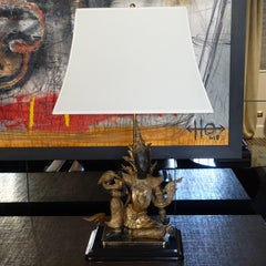 1960s French Brass Buddha Statues Pair of Table Lamp, Black Wood Base
