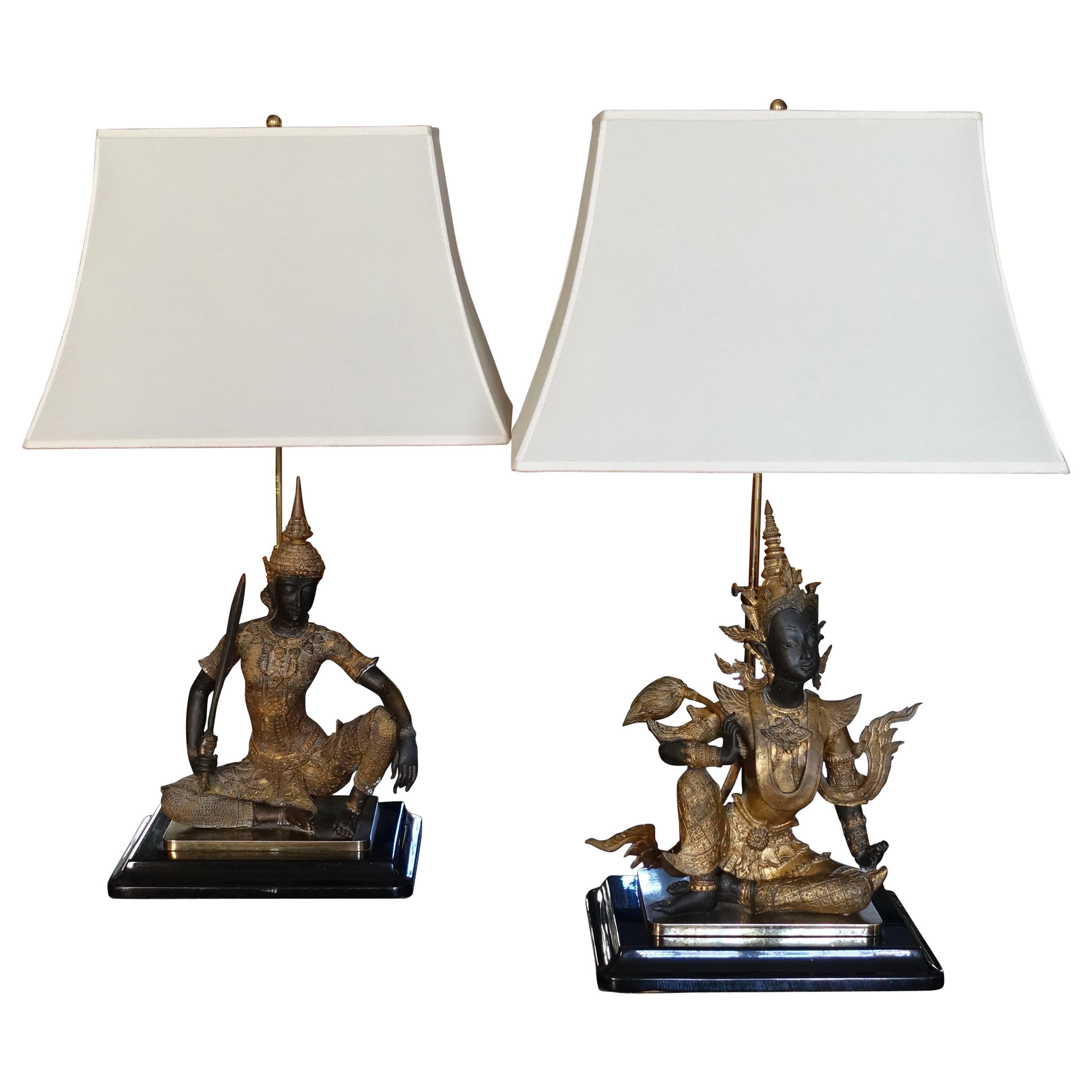 1960s French Brass Buddha Statues Pair of Table Lamp, Black Wood Base