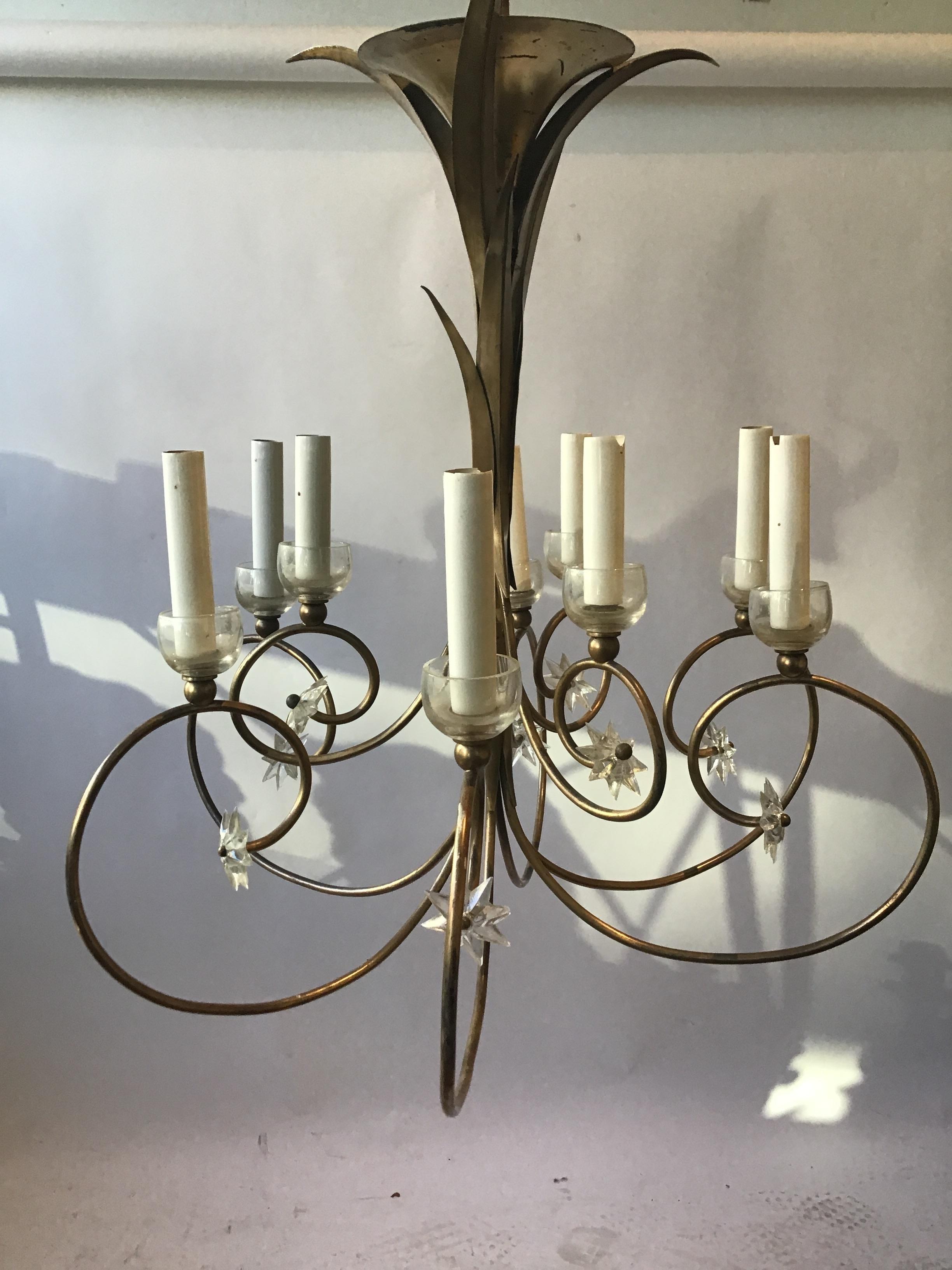 1960s French Brass Chandelier with Stars In Good Condition For Sale In Tarrytown, NY