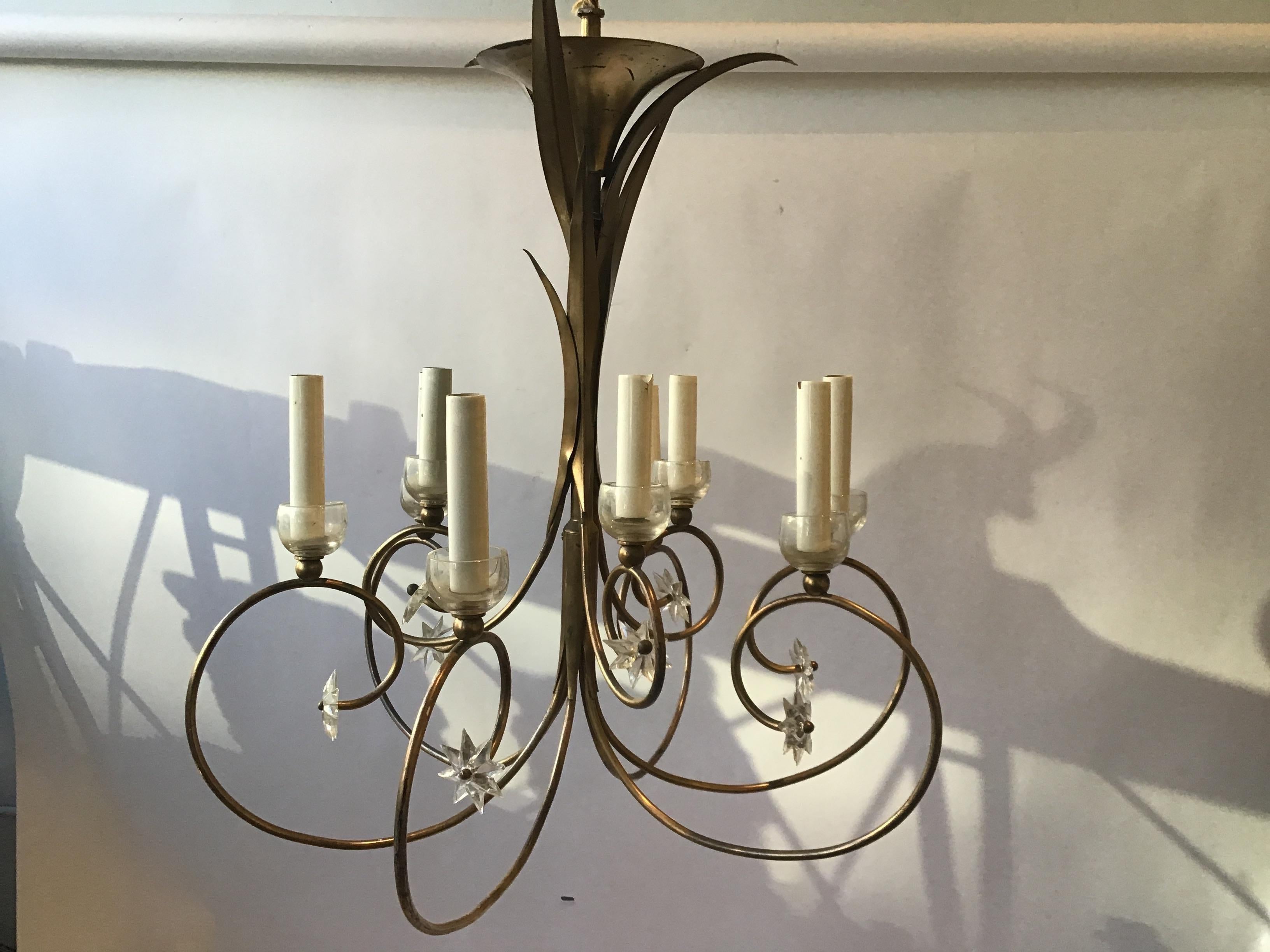 Mid-20th Century 1960s French Brass Chandelier with Stars For Sale