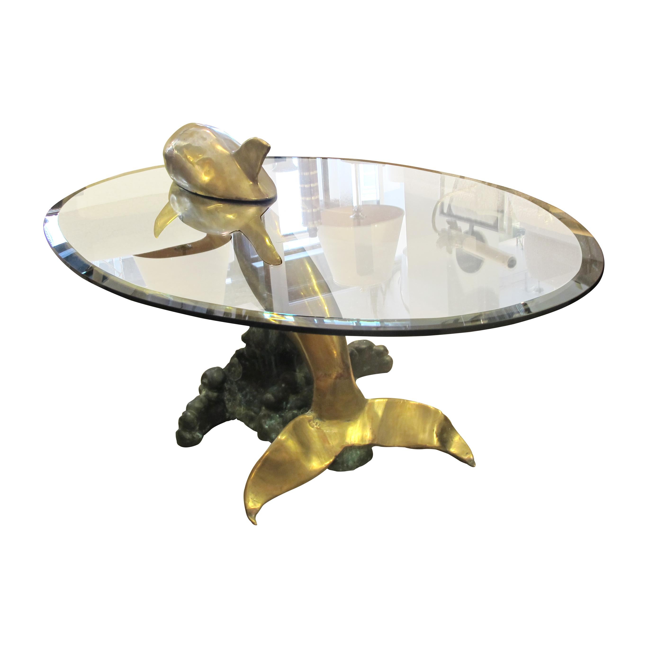 Mid-Century Modern 1960s French Brass Dolphin Realistic Sculpture Oval Bevelled Glass Coffee Table 