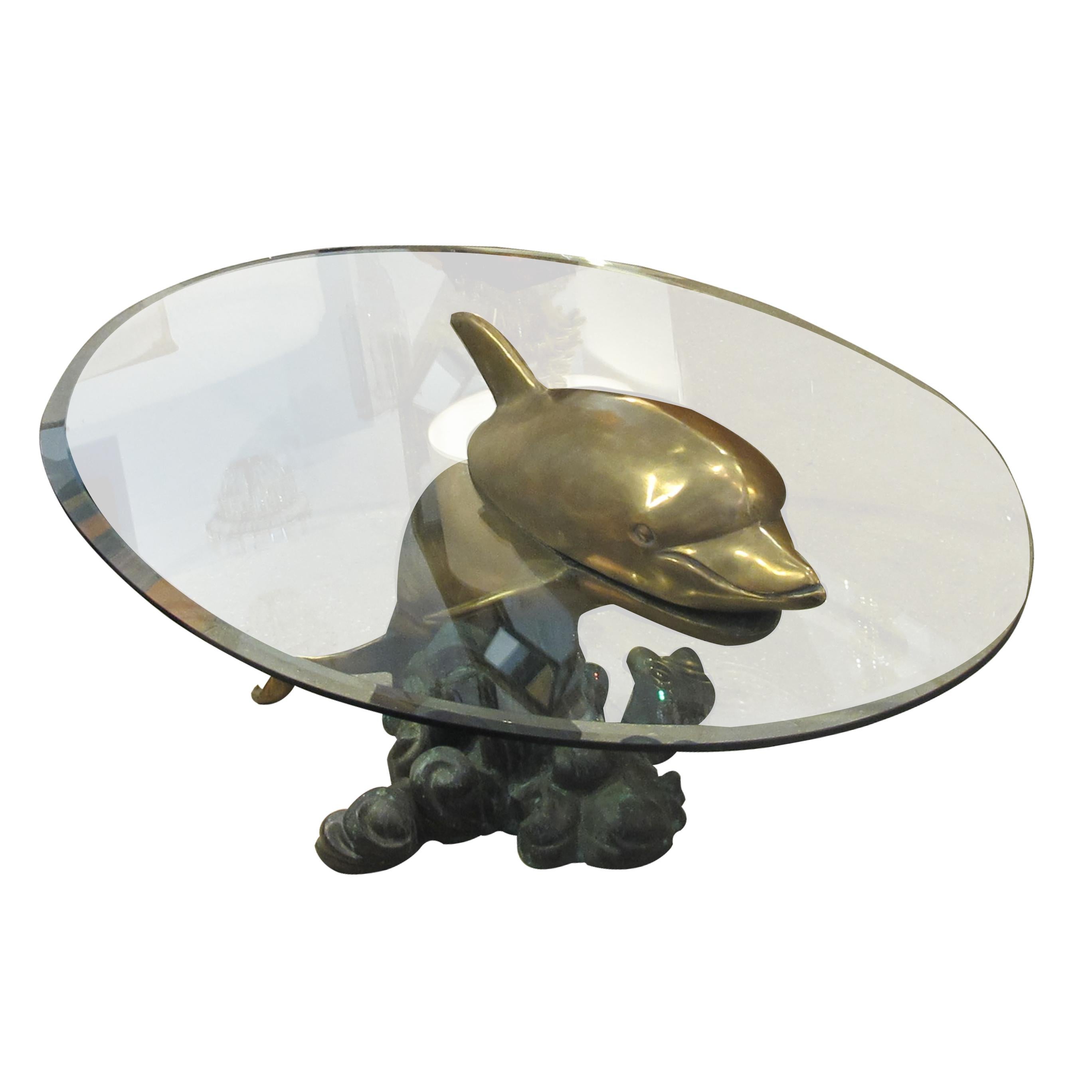 Other 1960s French Brass Dolphin Realistic Sculpture Oval Bevelled Glass Coffee Table 