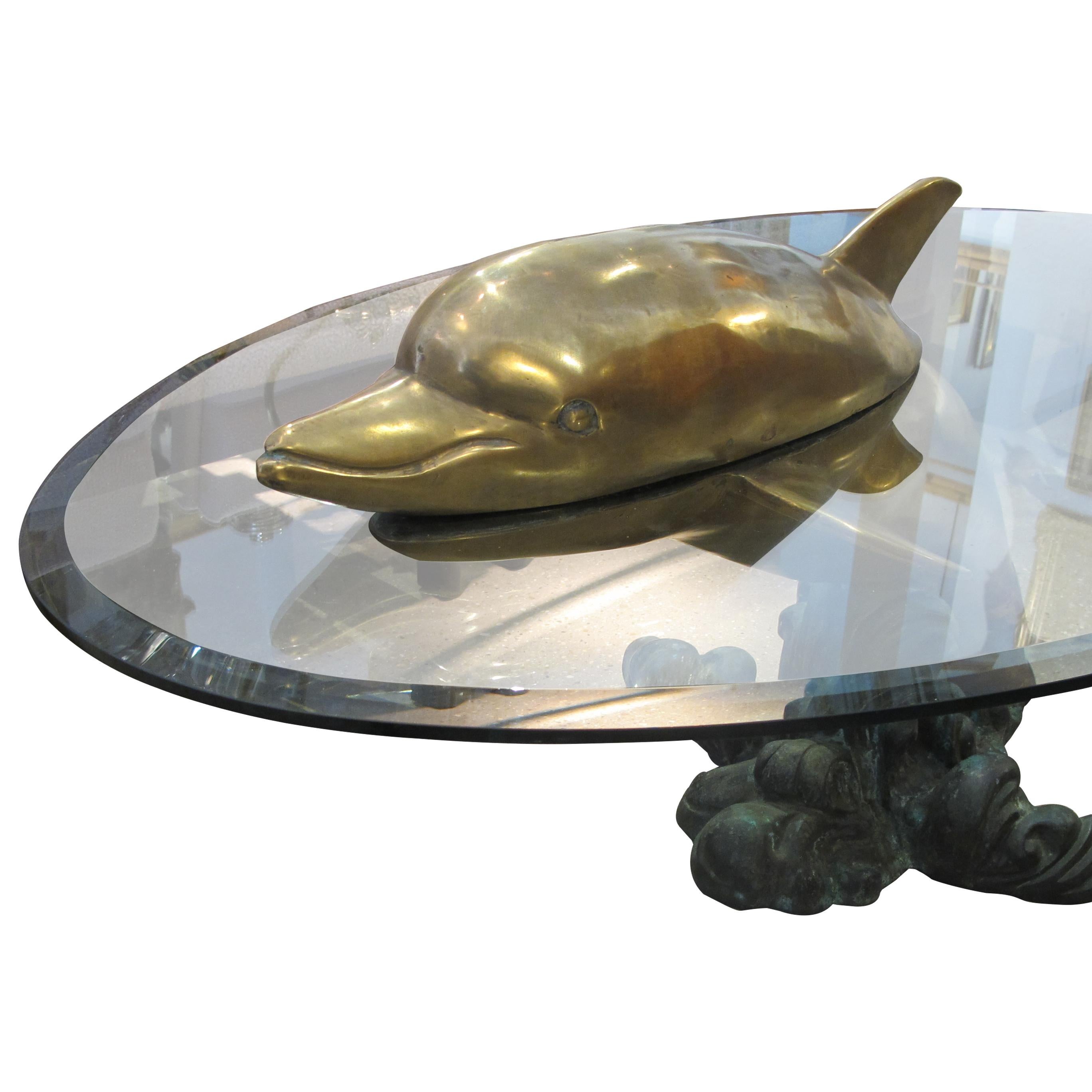 1960s French Brass Dolphin Realistic Sculpture Oval Bevelled Glass Coffee Table  In Good Condition In London, GB