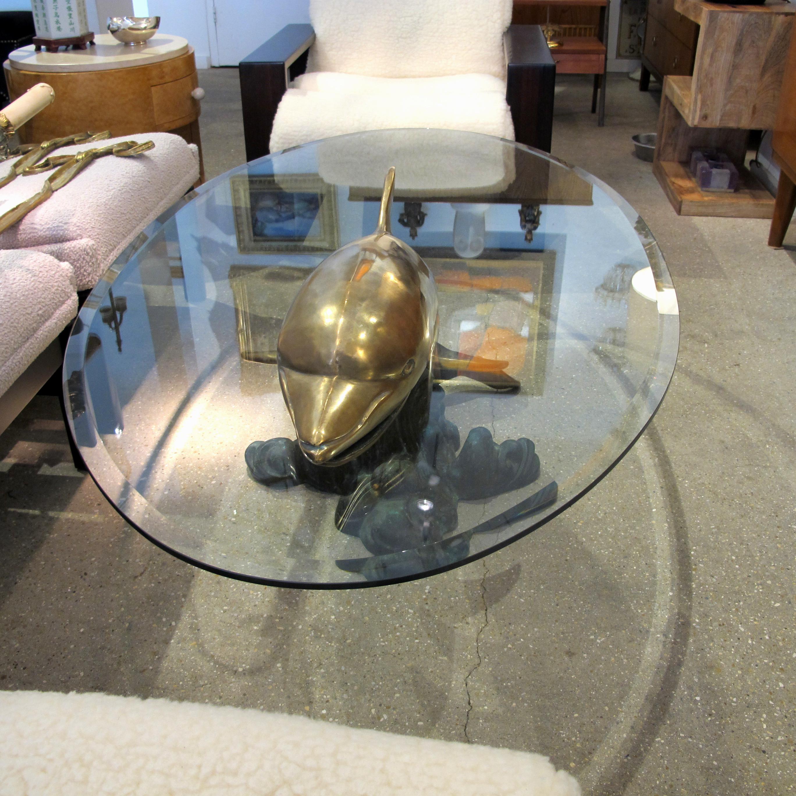 1960s French Brass Dolphin Realistic Sculpture Oval Bevelled Glass Coffee Table  3