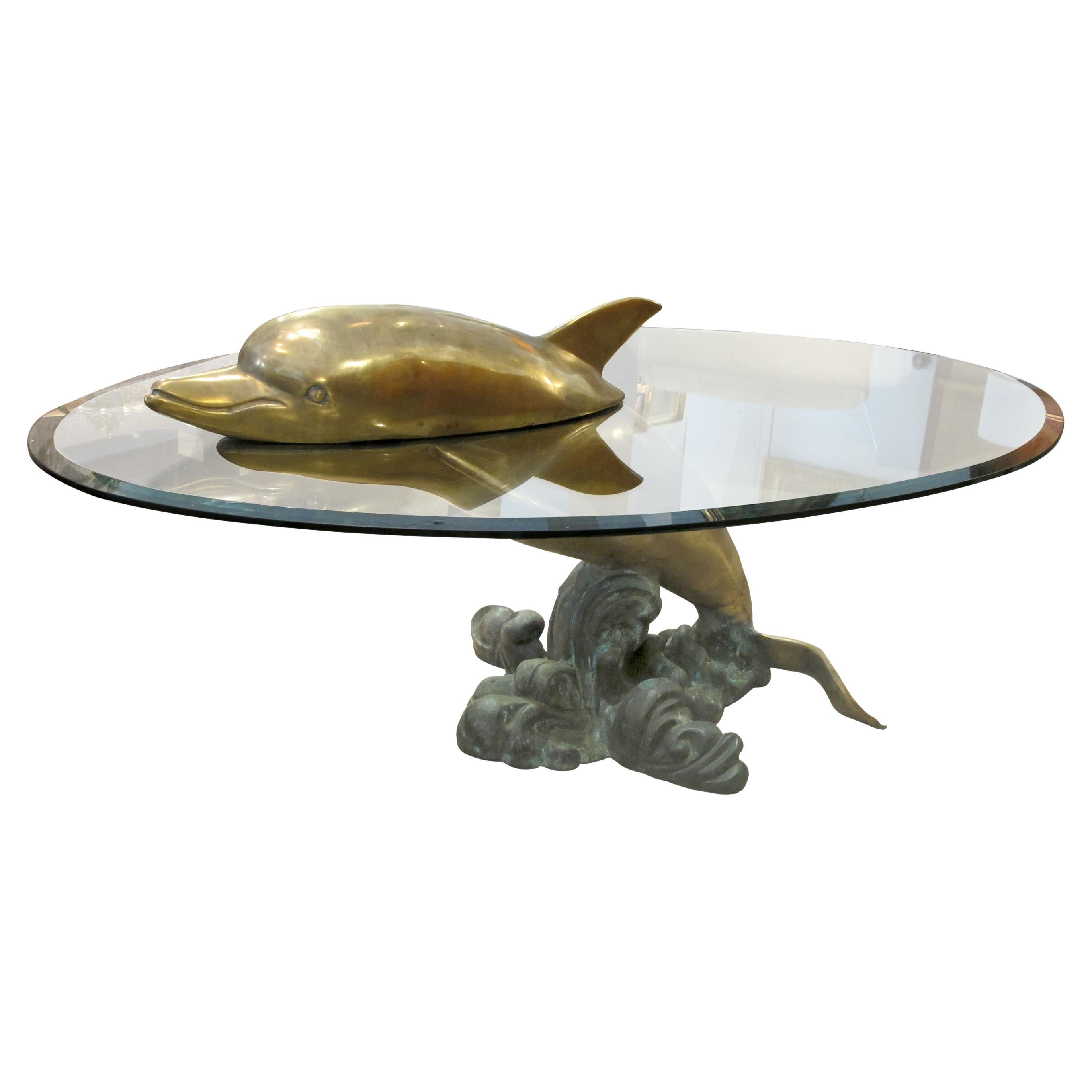 1960s French Brass Dolphin Realistic Sculpture Oval Bevelled Glass Coffee Table 