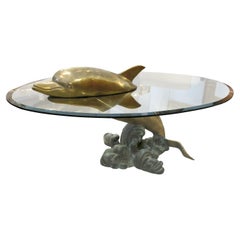 1960s French Brass Dolphin Realistic Sculpture Oval Bevelled Glass Coffee Table 