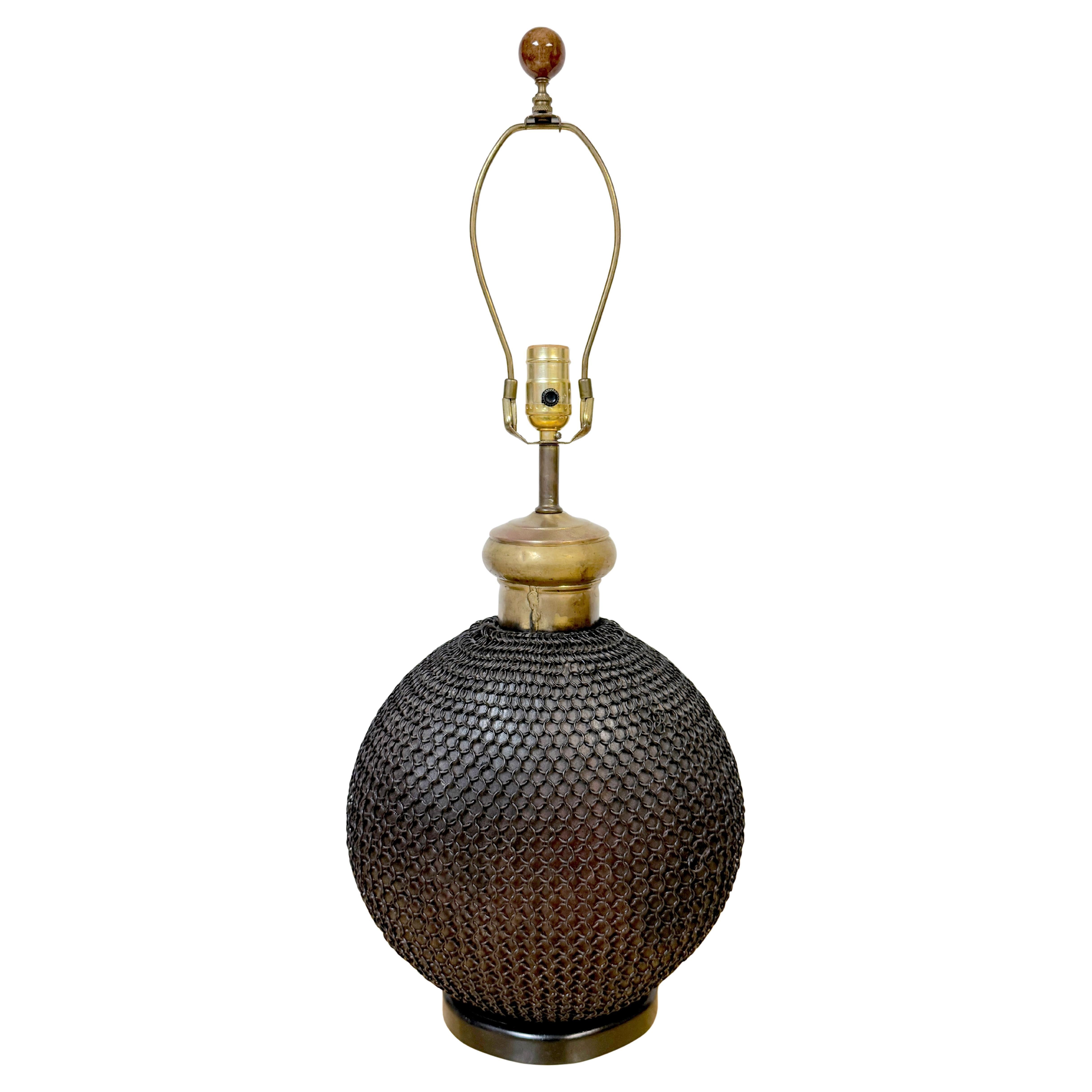 1960s French Brass & Metal Chain Mail Rounded Orb Lamp For Sale