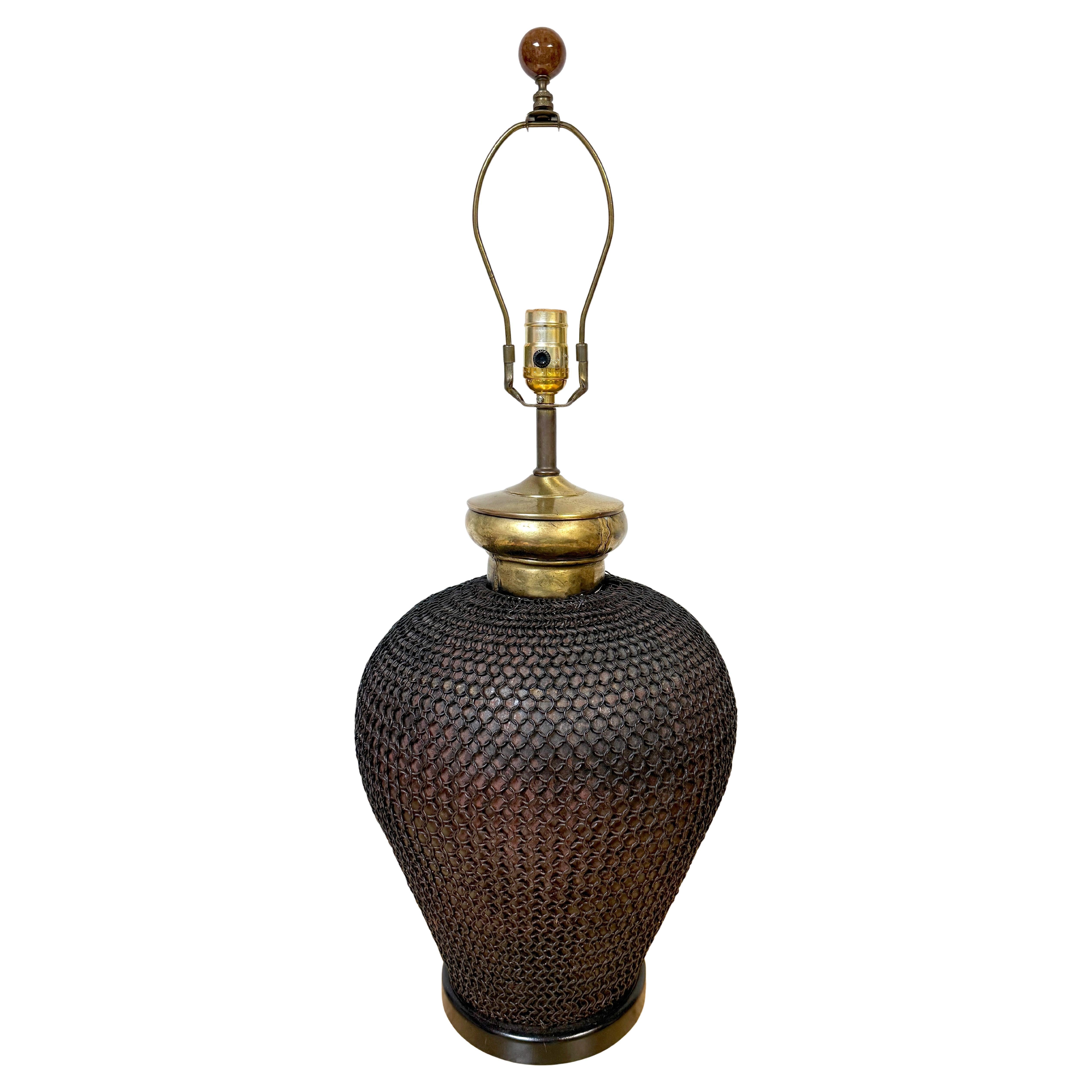 1960s French Brass & Metal Chain Mail Urn From Lamp