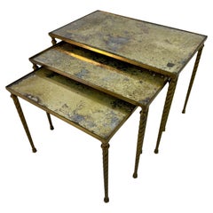 1960s French Brass Nest of Tables with Verre Eglomise