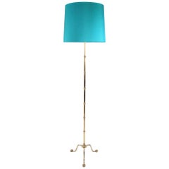 1960s French Brass Sectioned Floor Lamp with Triform Base and Ball Feet