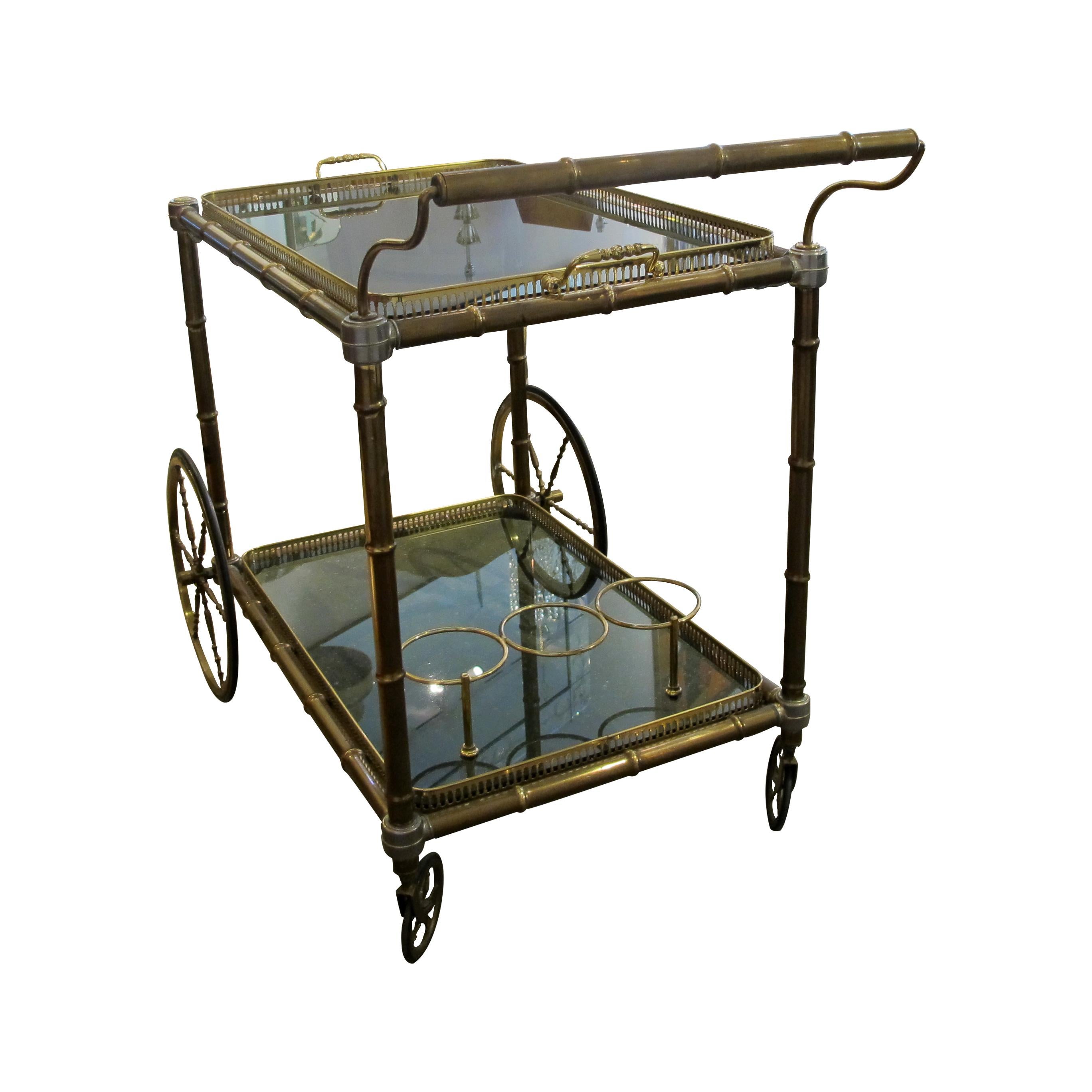 Mid-Century Modern 1960s French Brass Serving Bar Cart or Drinks Trolley on Wheels Inc Serving Tray