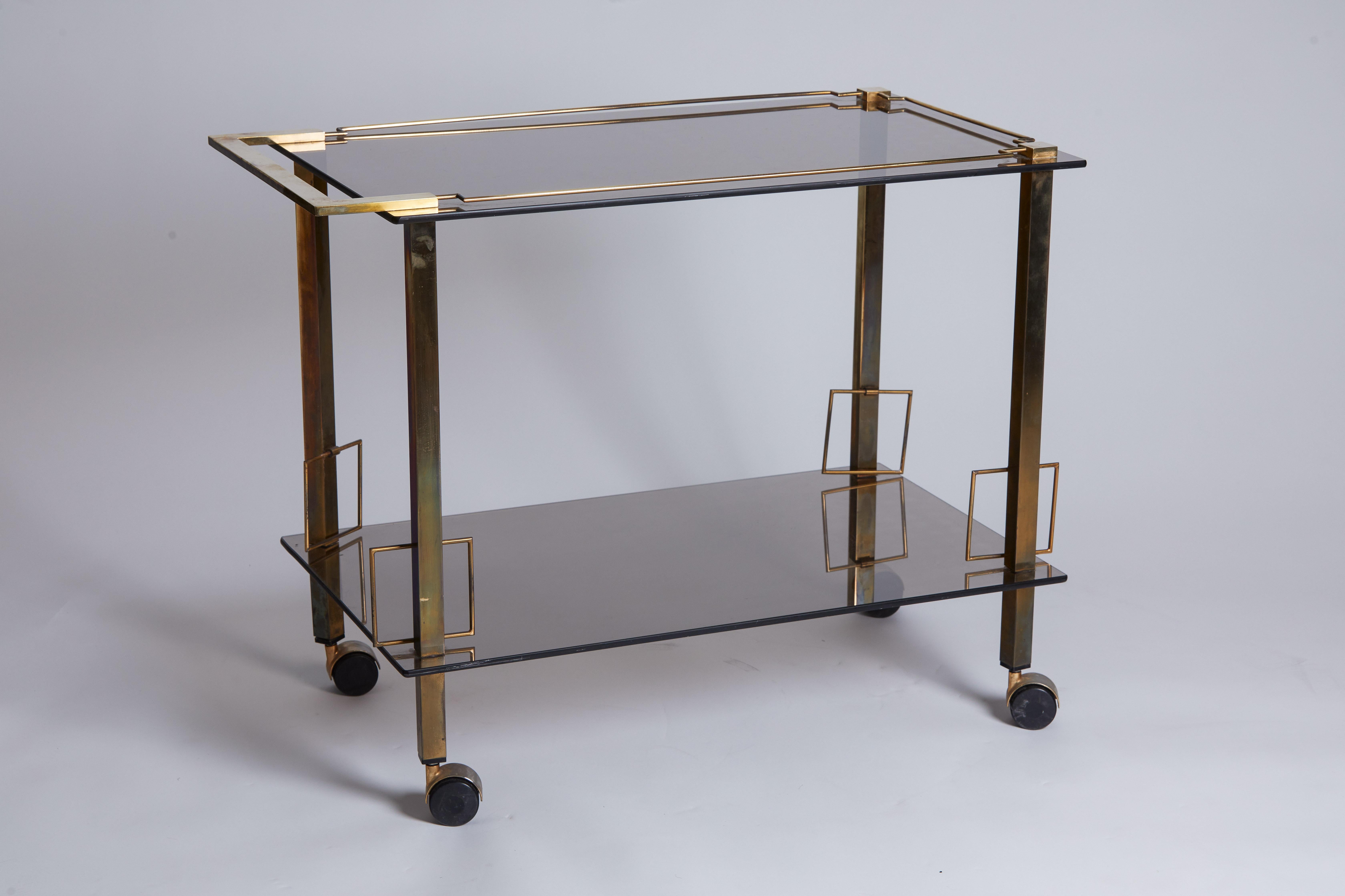 1960s French Brass & Smoked Glass Bar Cart with Bottle Holder In Good Condition In Aspen, CO