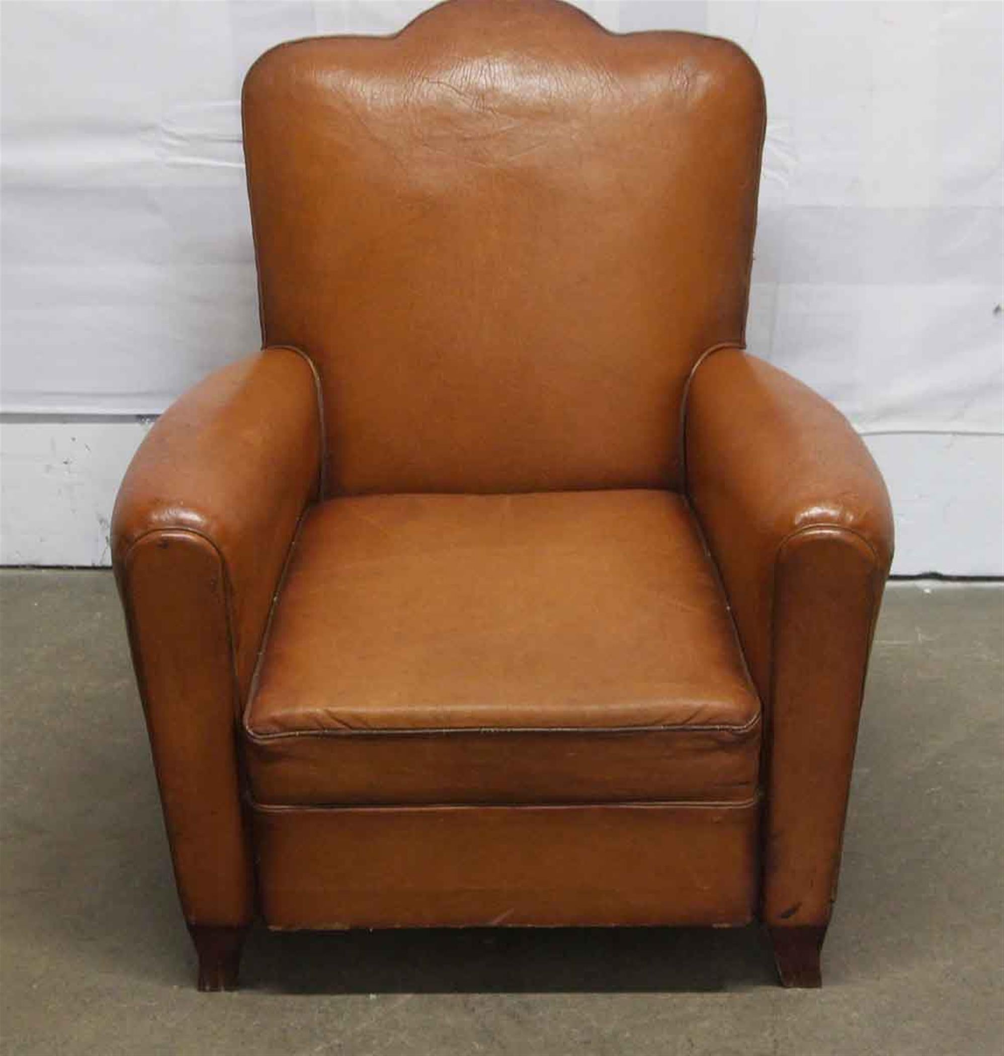 1960s French Brown Leather Club Chair, Studded back and Wooden Feet In Good Condition In New York, NY