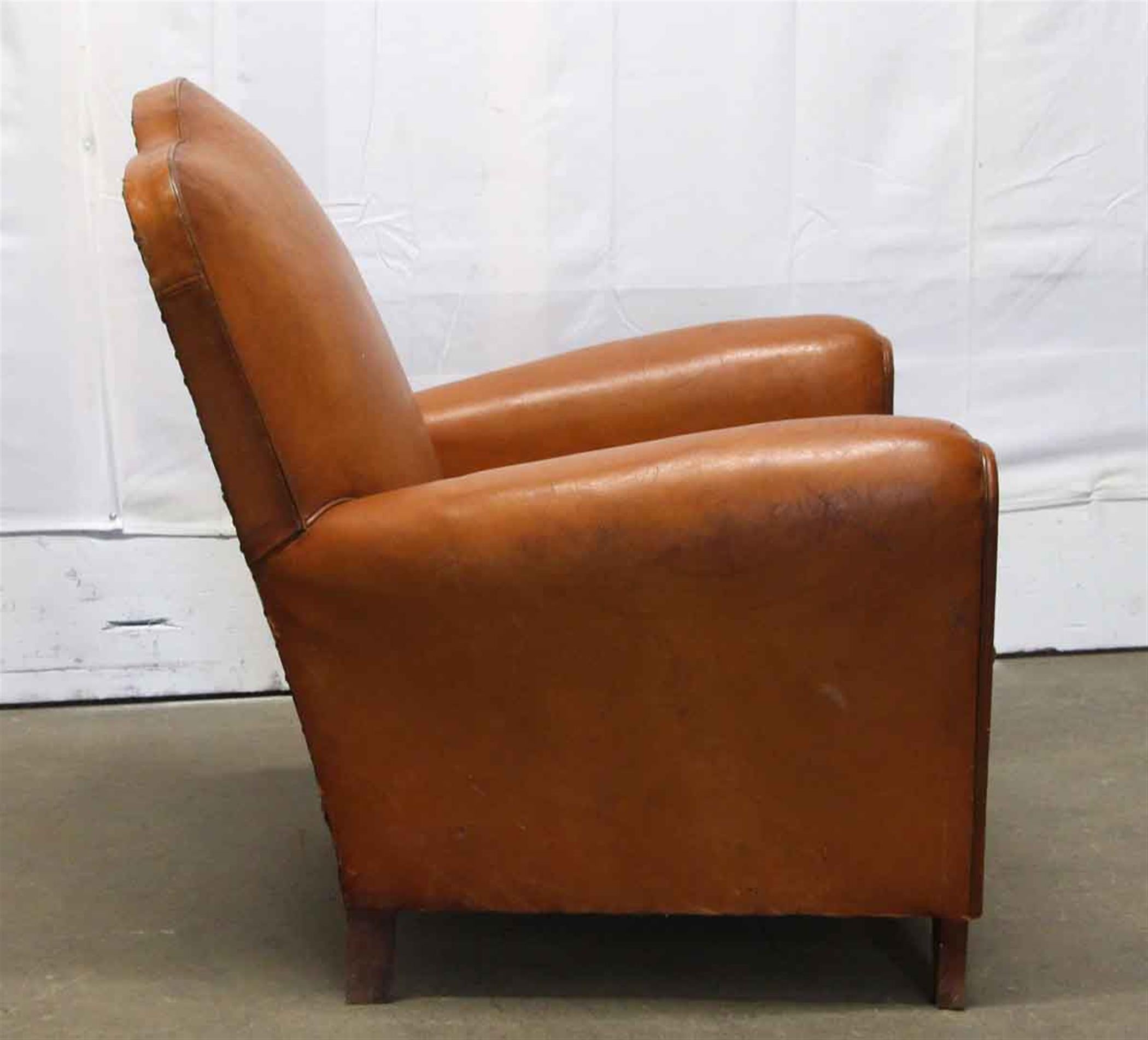 Mid-20th Century 1960s French Brown Leather Club Chair, Studded back and Wooden Feet
