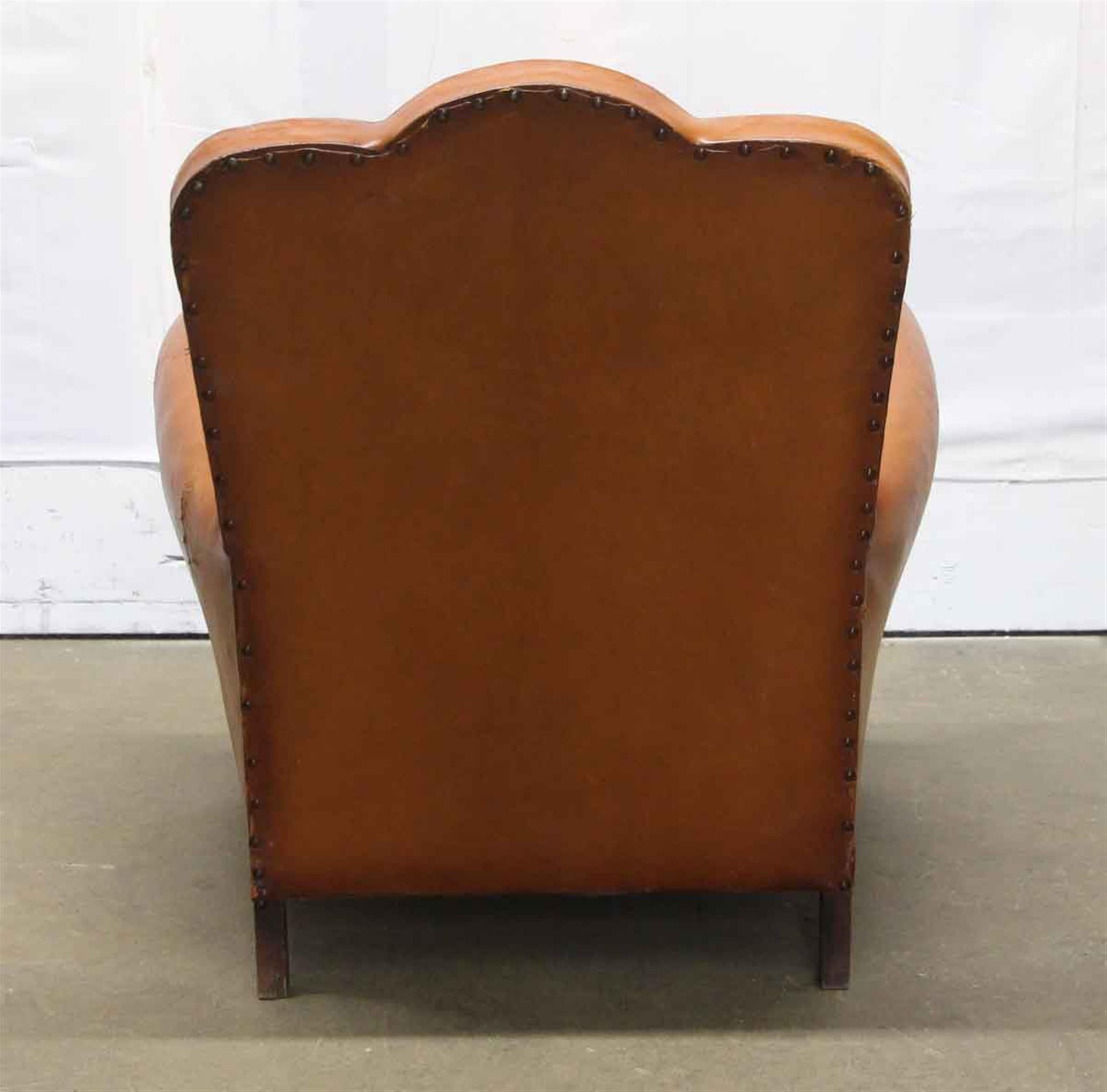 1960s French Brown Leather Club Chair, Studded back and Wooden Feet 1