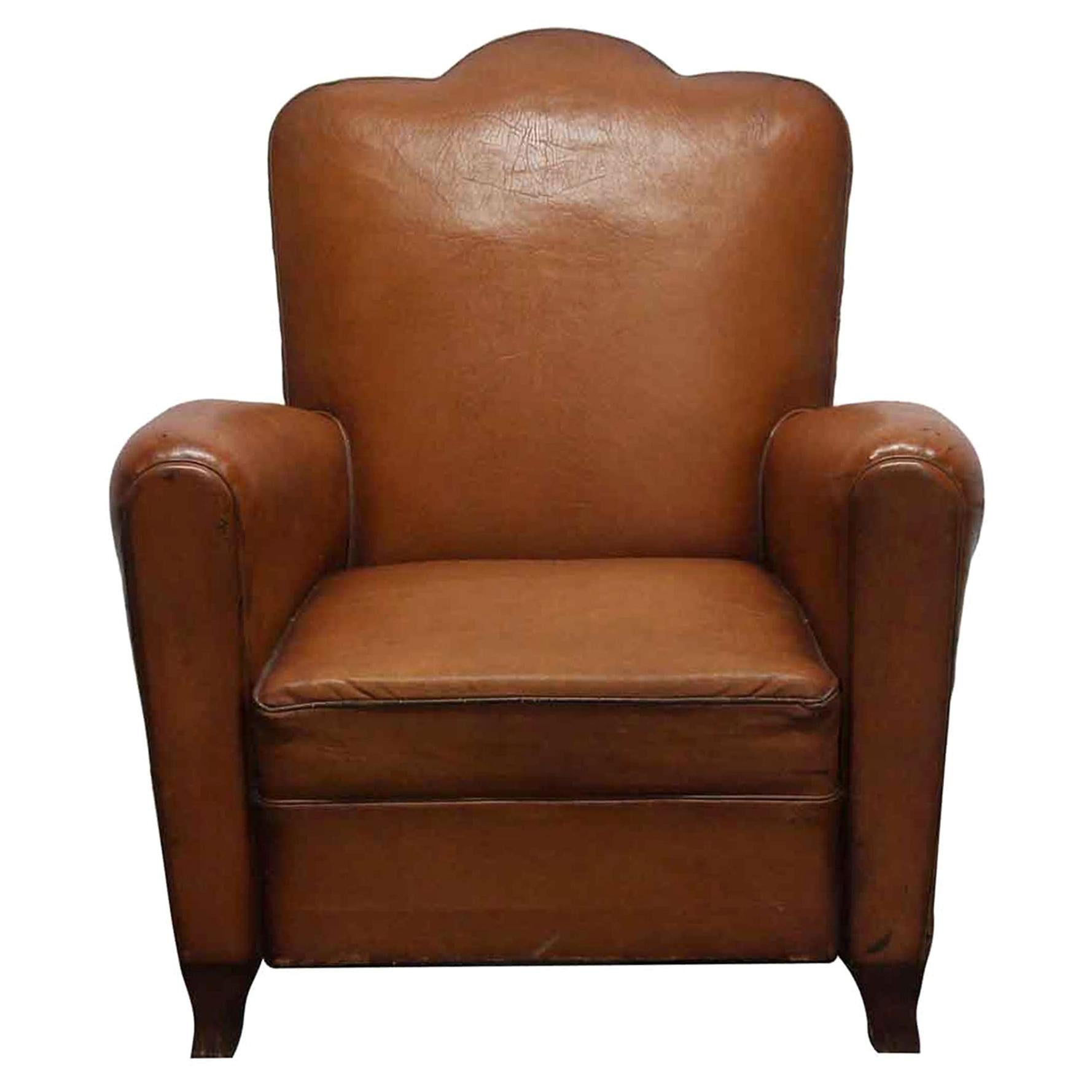 1960s French Brown Leather Club Chair, Studded back and Wooden Feet