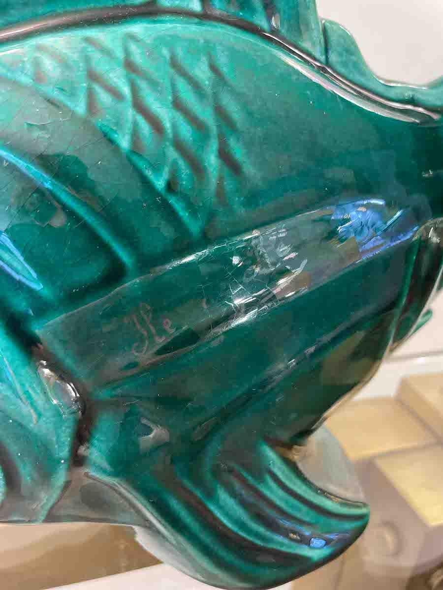 Modern 1960s French Ceramic Sculpture Of A Green Fish