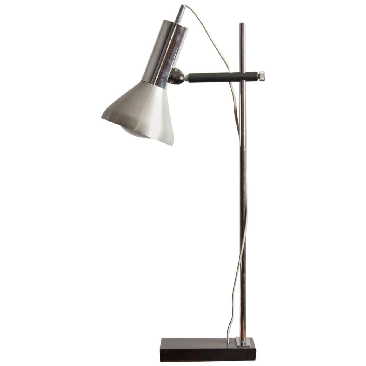 1960s French Chrome and Black Cast Iron Adjustable Desk Lamp