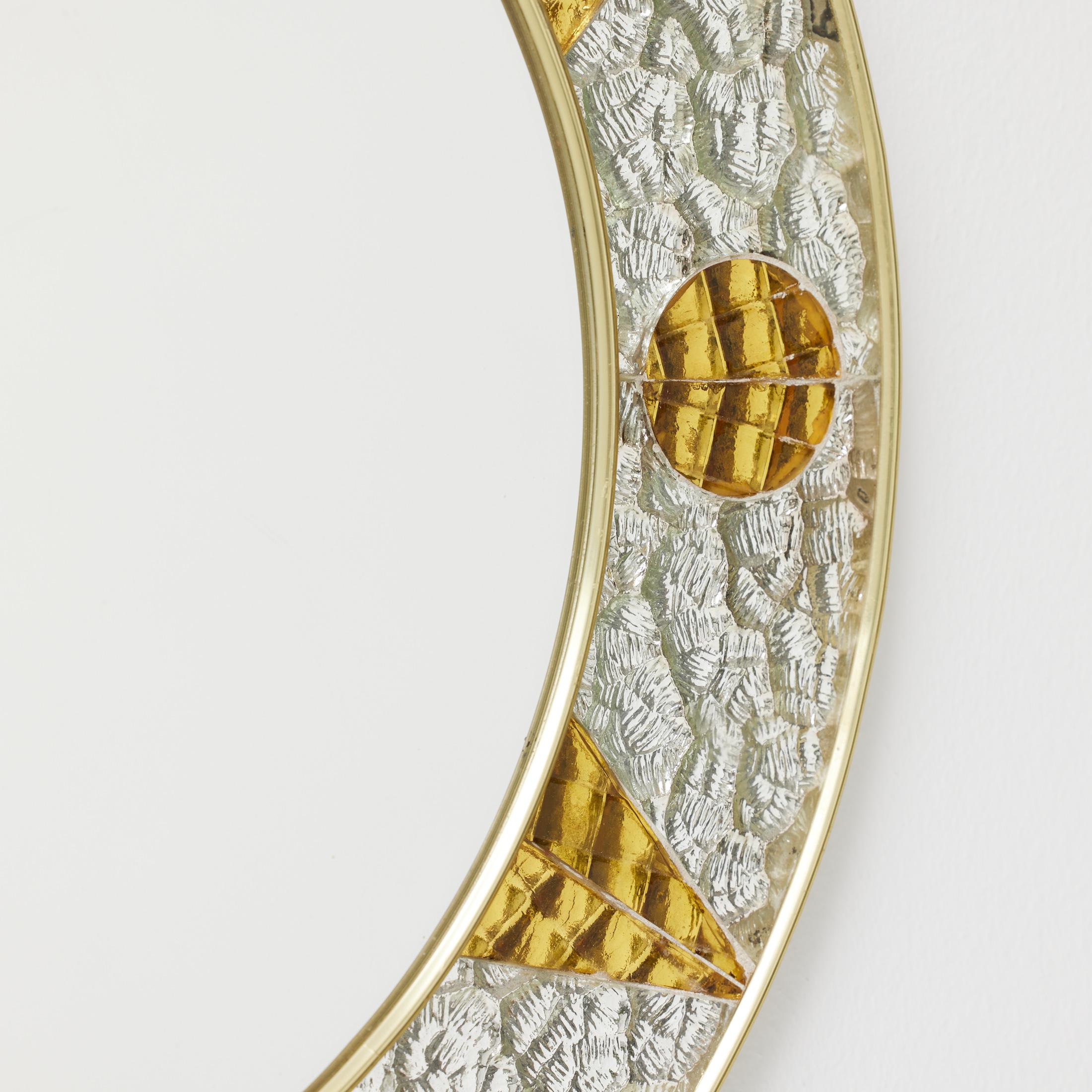 1960s French Circular Mirror with Embossed Geometric Metal Frame For Sale 3