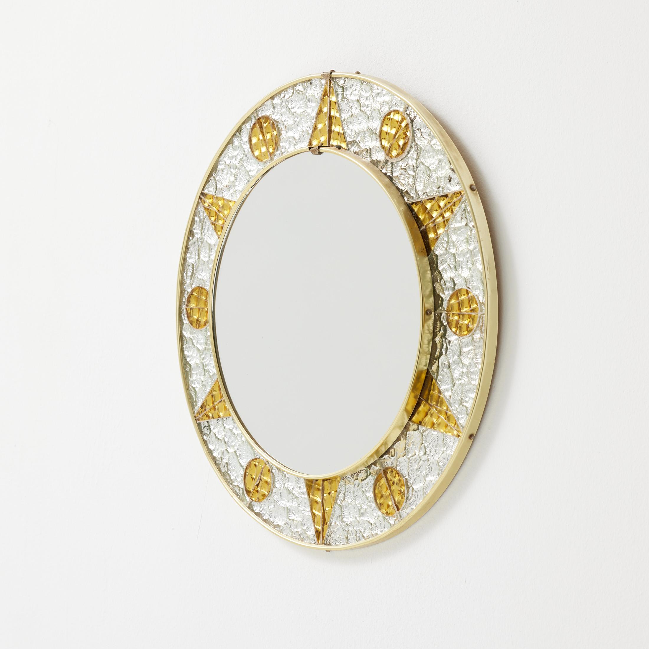 1960s French Circular Mirror with Embossed Geometric Metal Frame For Sale 5