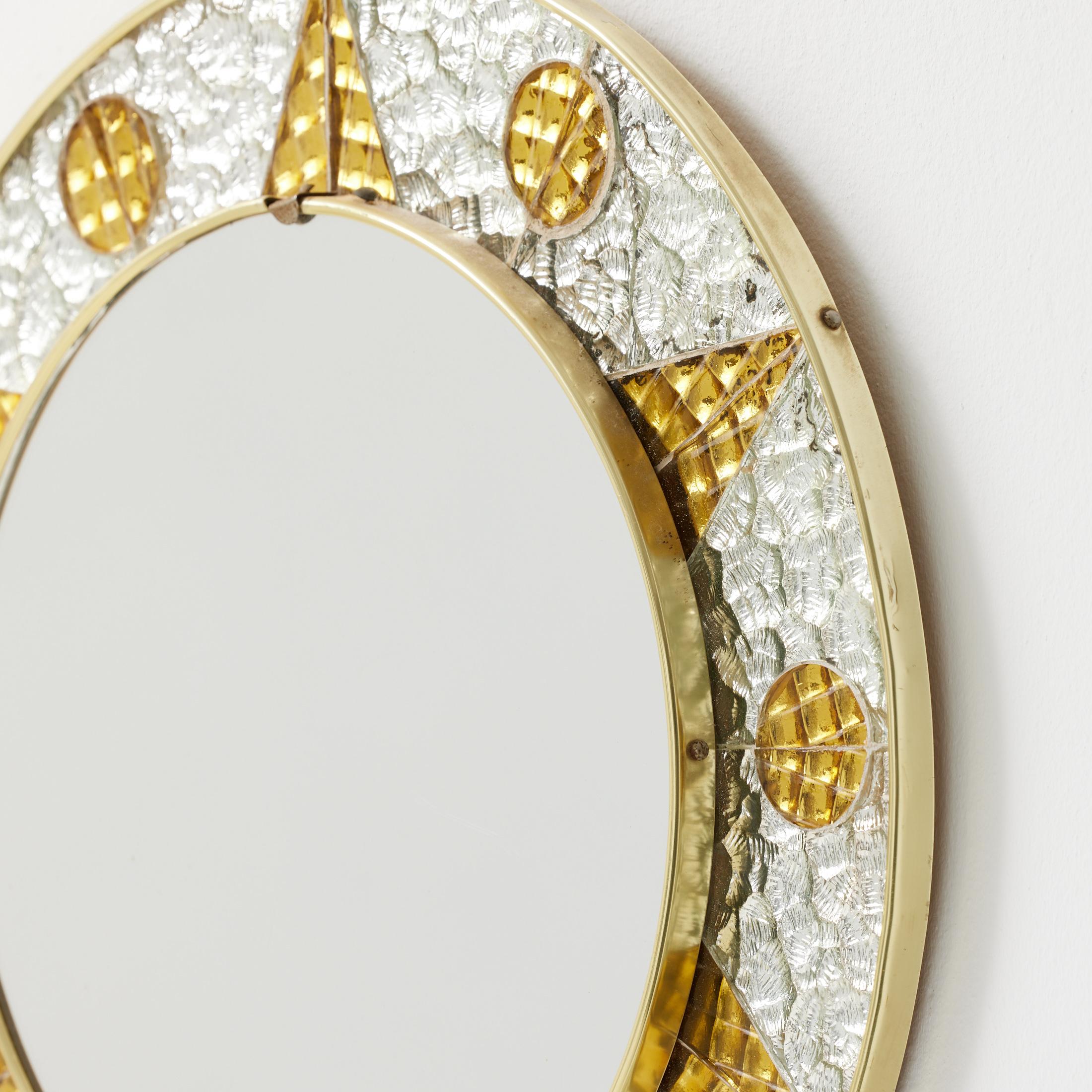 1960s French Circular Mirror with Embossed Geometric Metal Frame For Sale 6