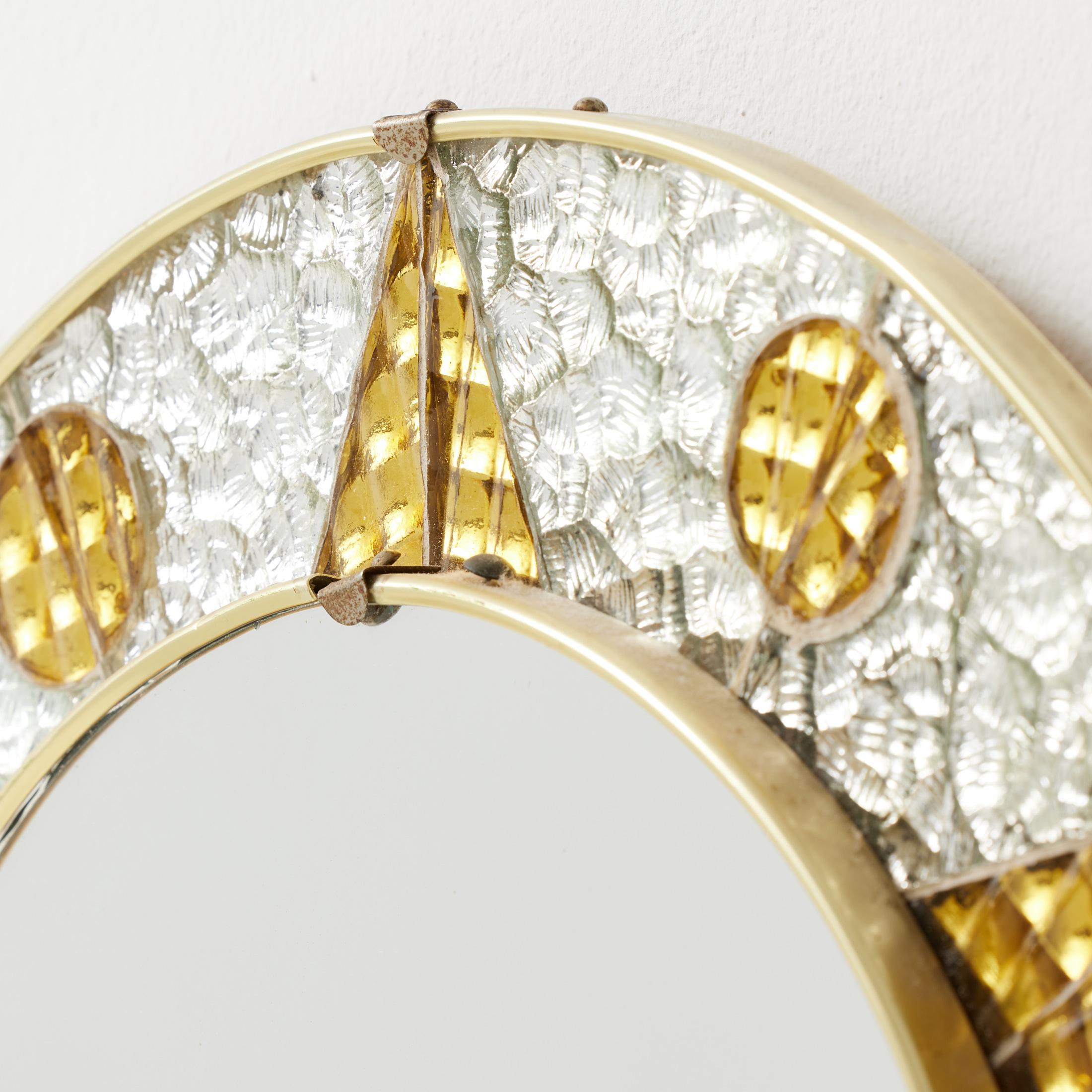 1960s French Circular Mirror with Embossed Geometric Metal Frame For Sale 8