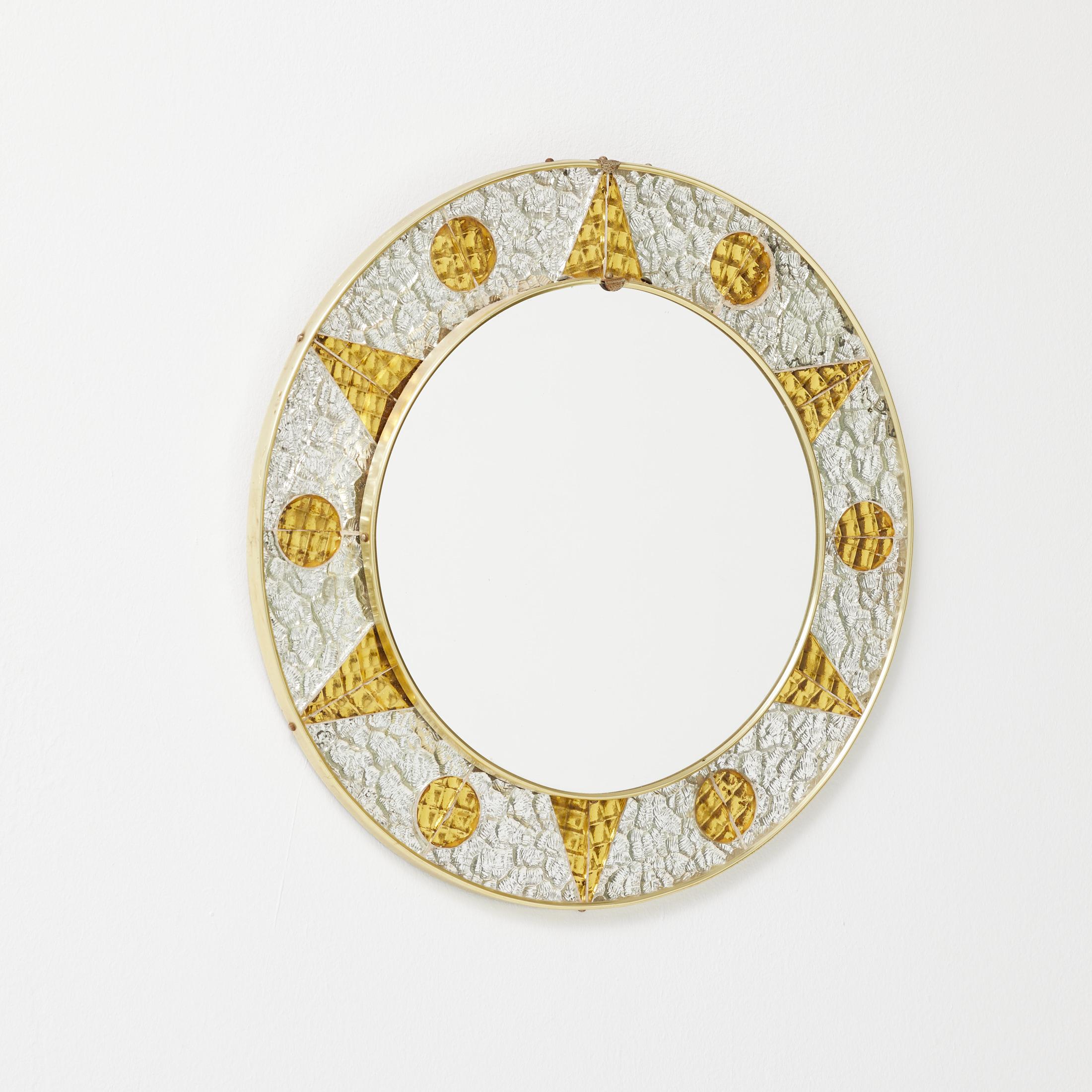 Mid-Century Modern 1960s French Circular Mirror with Embossed Geometric Metal Frame For Sale