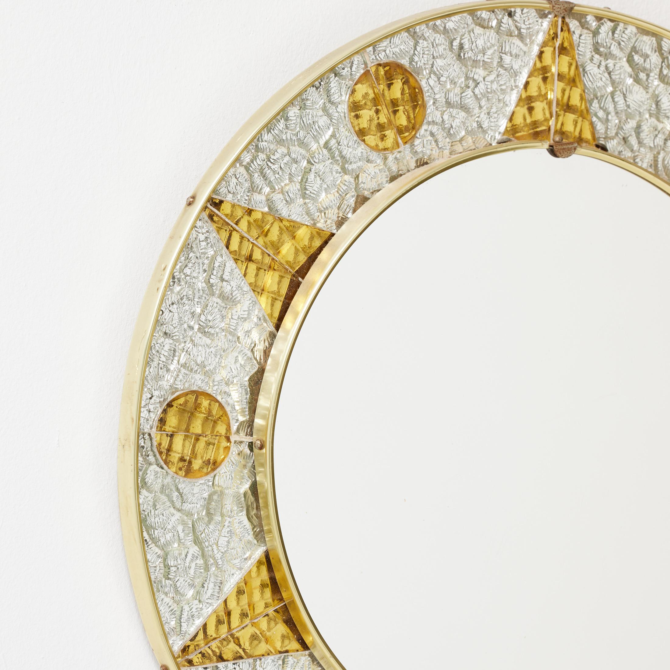 Spanish 1960s French Circular Mirror with Embossed Geometric Metal Frame For Sale