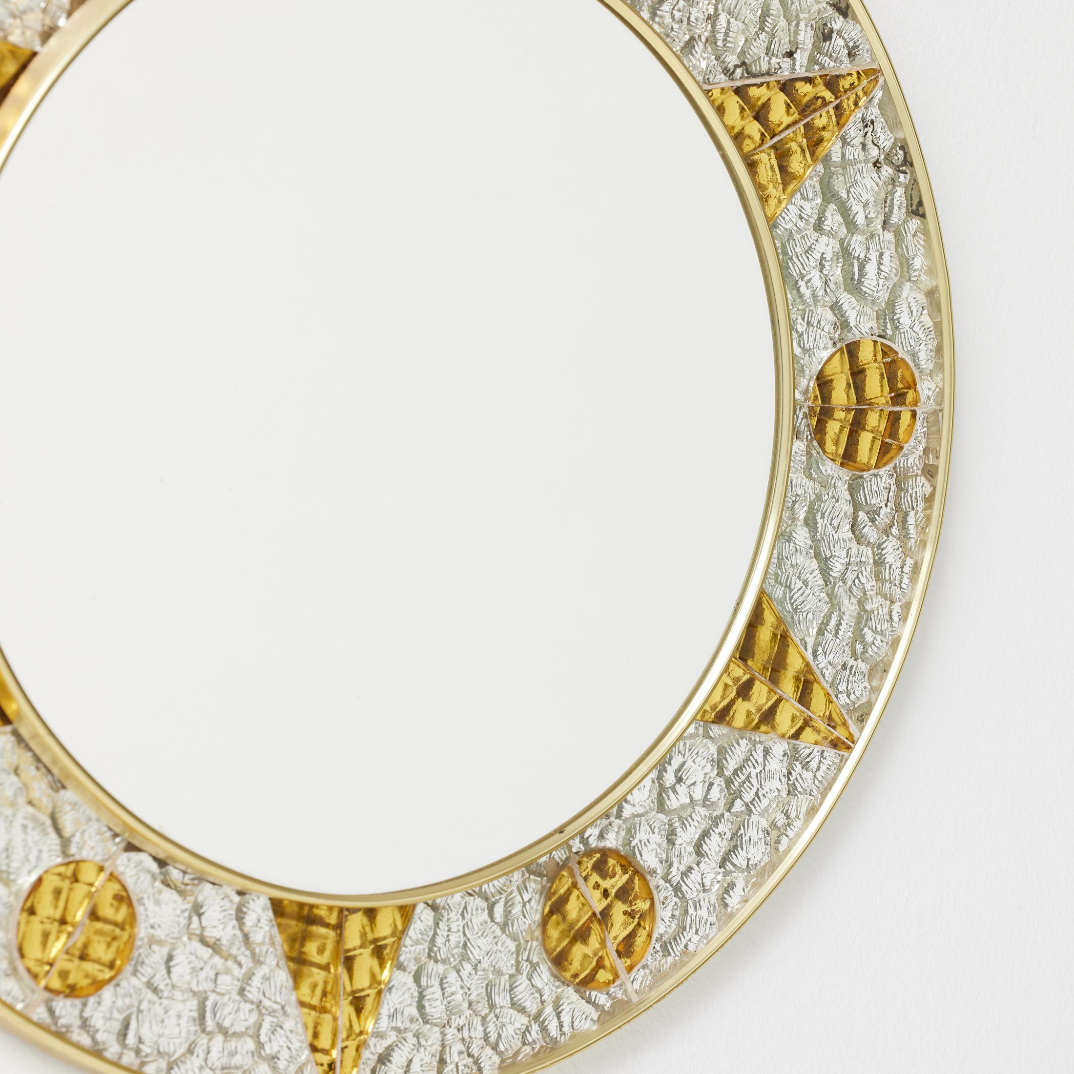Wood 1960s French Circular Mirror with Embossed Geometric Metal Frame For Sale