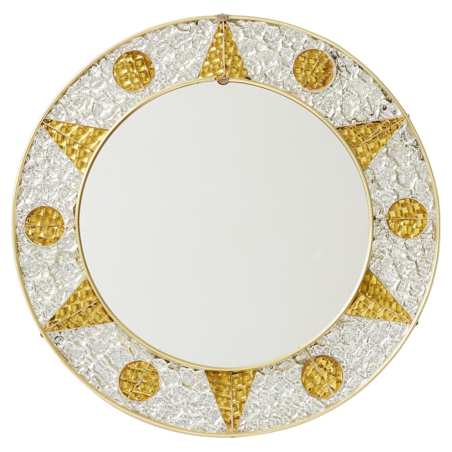 1960s French Circular Mirror with Embossed Geometric Metal Frame For Sale